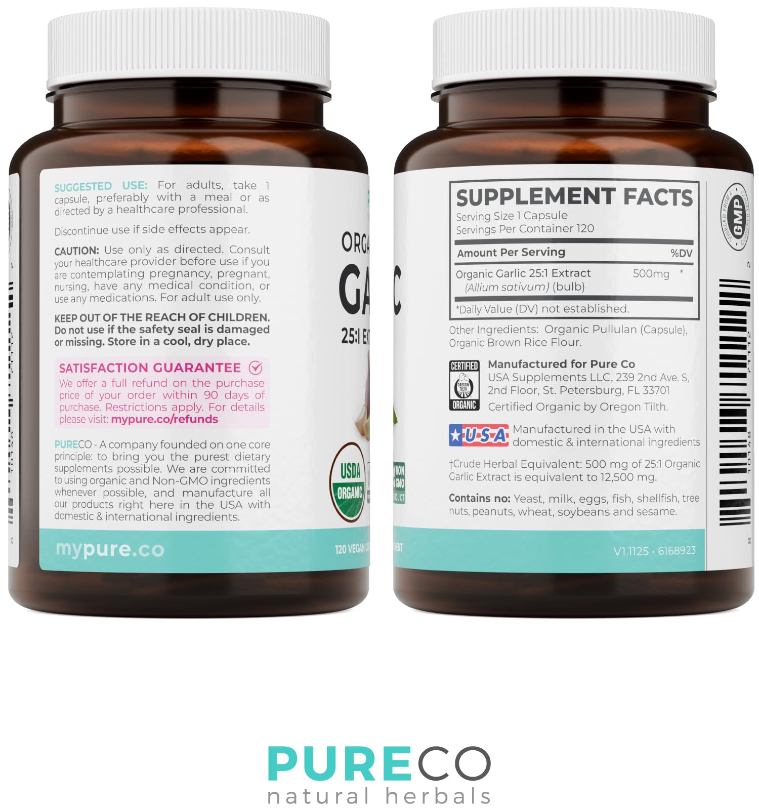 PURE CO etiqueta USDA Organic y certificaciones visibles, calidad