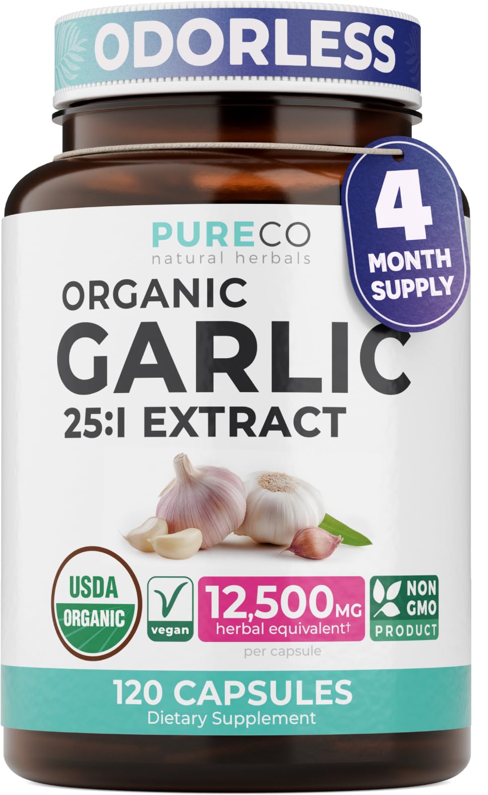 PURE CO bote frontal mostrando cápsulas y marca, confianza orgánica