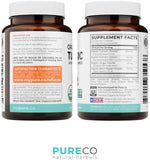 Pure CO botella abierta con cápsulas visibles, beneficio de suministro de dos meses