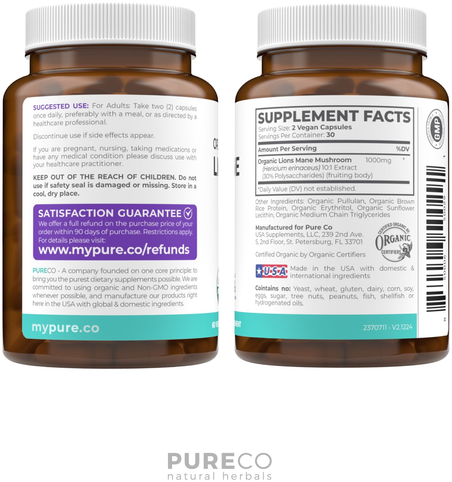 PURE CO botella junto a hoja verde destacando origen natural y vegano