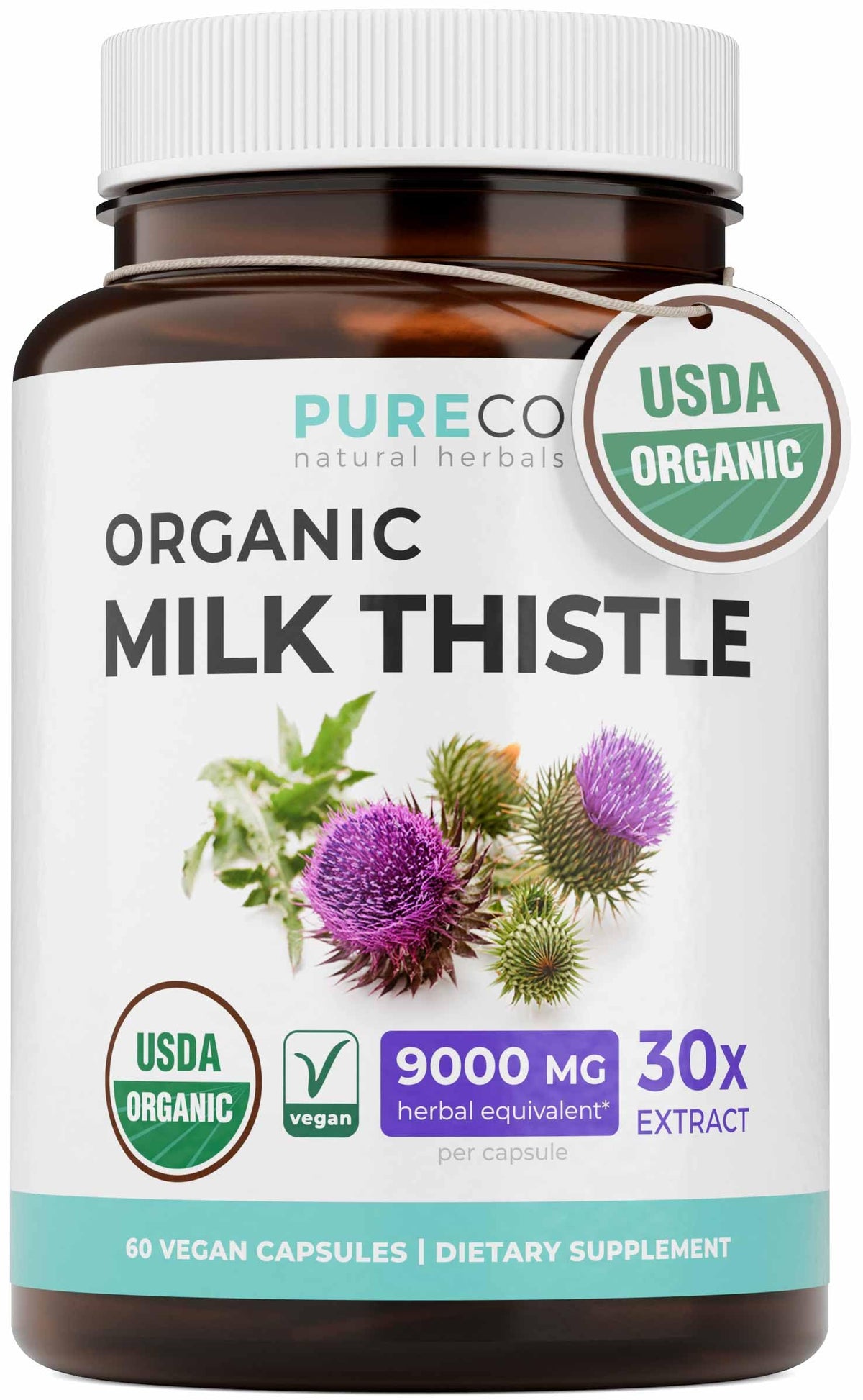 PURE CO frasco frontal mostrando etiqueta orgánica y potencia 30:1