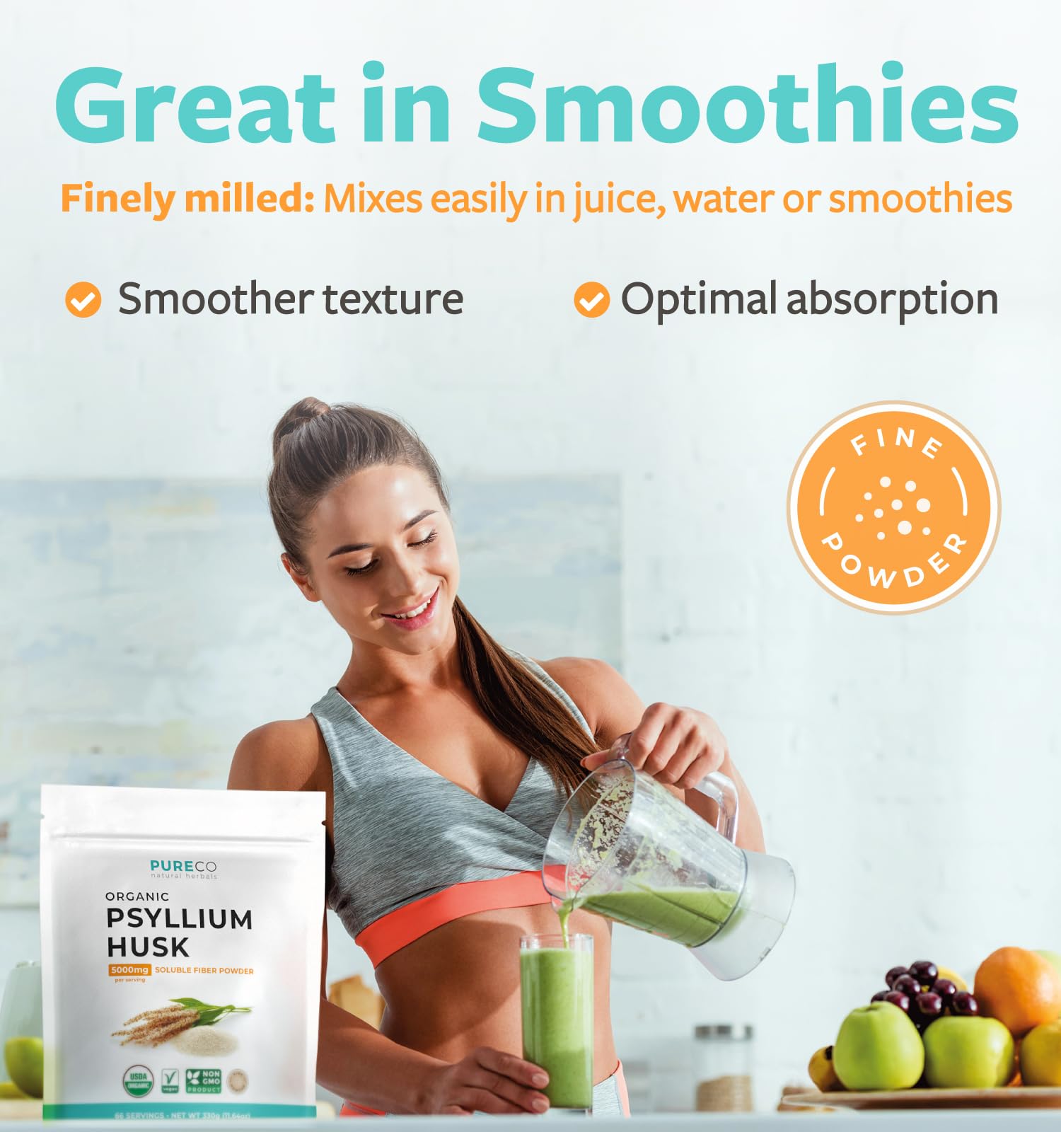 PURE CO psyllium mezclado en batido aporta cuerpo y fácil disolución