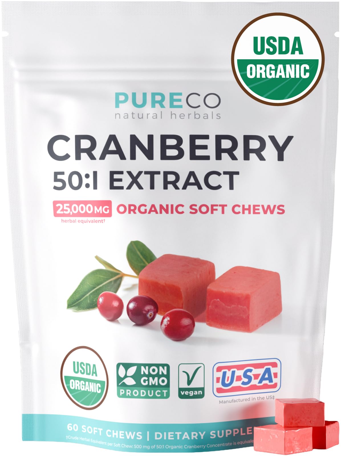 PURE CO envase frontal de gomitas de arándano, práctico y orgánico