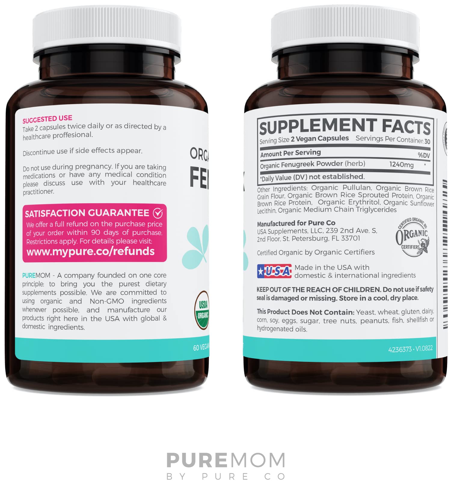 PURE CO lateral del envase con información nutricional y transparencia