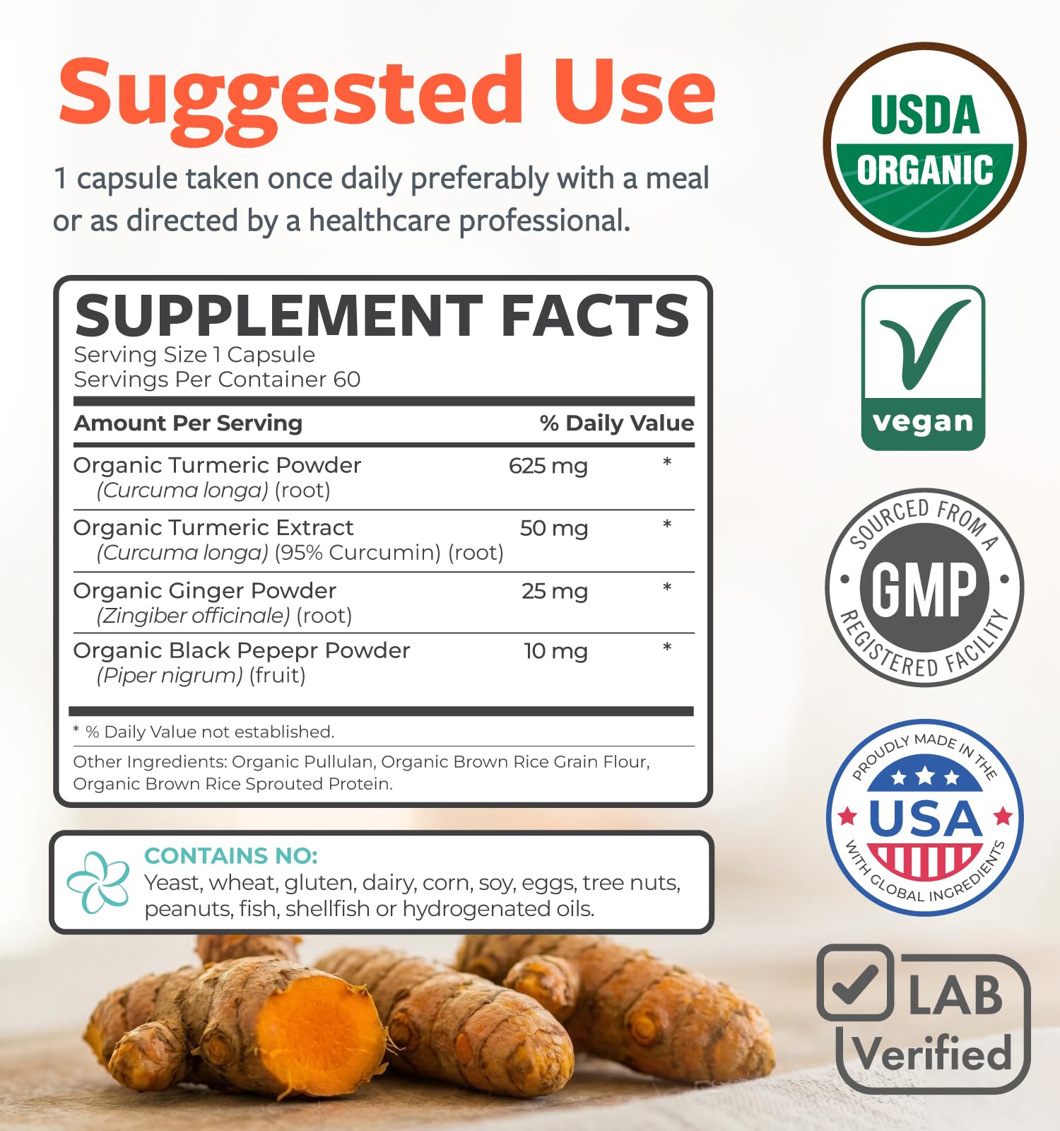 Pure CO etiqueta con certificaciones USDA Organic y GMP, beneficio de calidad