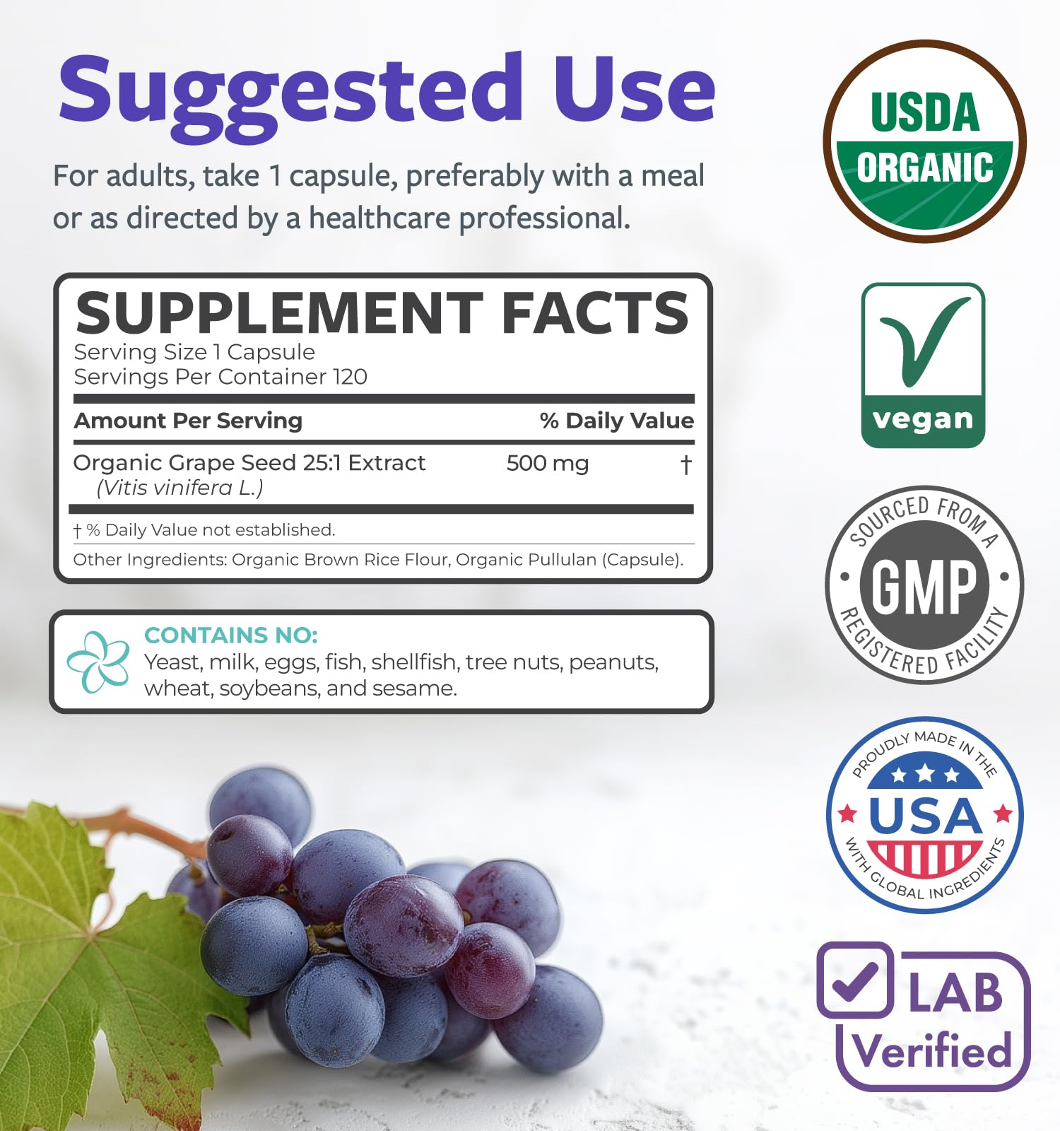 PURE CO etiqueta con sellos USDA Organic, vegan y non-GMO claros