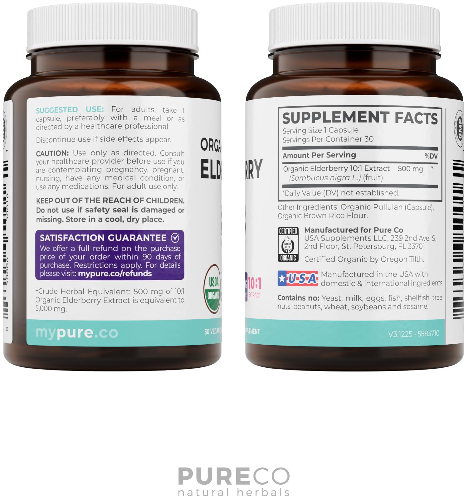 PURE CO etiqueta con ingredientes y certificados de calidad visibles