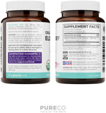 PURE CO etiqueta con ingredientes y certificados de calidad visibles