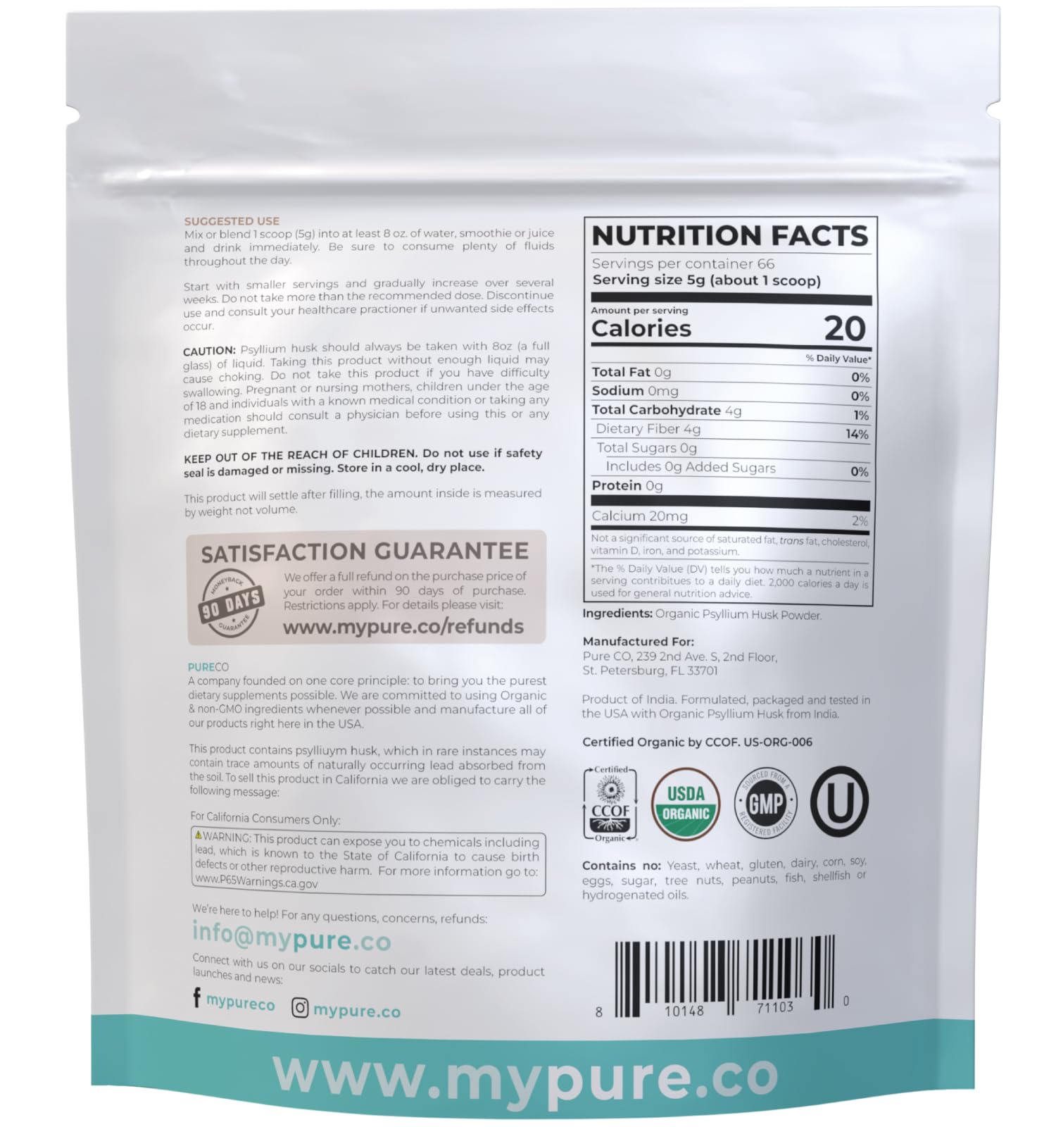PURE CO etiqueta con ingredientes orgánicos y certificaciones visibles