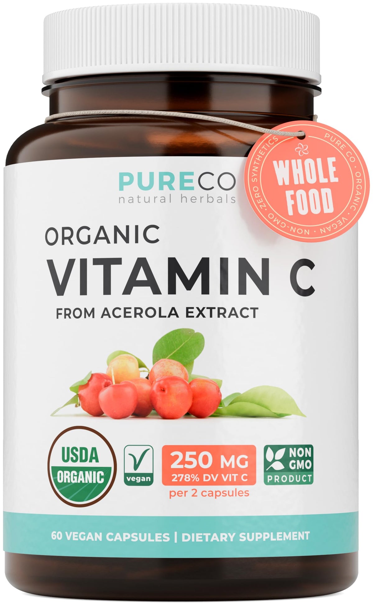 PURE CO frasco frontal mostrando etiqueta y beneficio de vitamina C orgánica