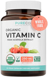 PURE CO frasco frontal mostrando etiqueta y beneficio de vitamina C orgánica