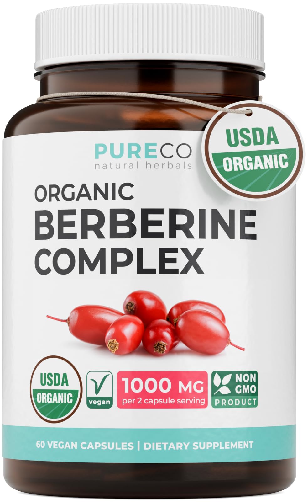 PURE CO frasco frontal de berberina mostrando etiqueta y beneficios