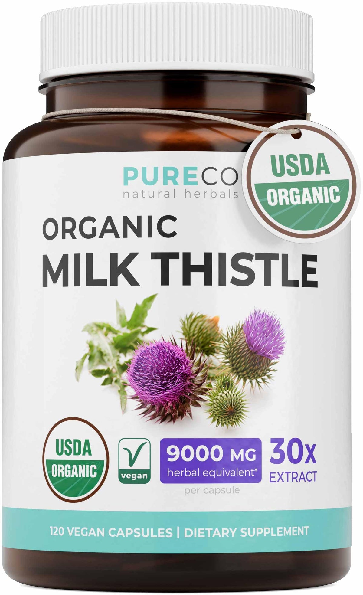 PURE CO frasco frontal mostrando etiqueta orgánica y beneficio de pureza