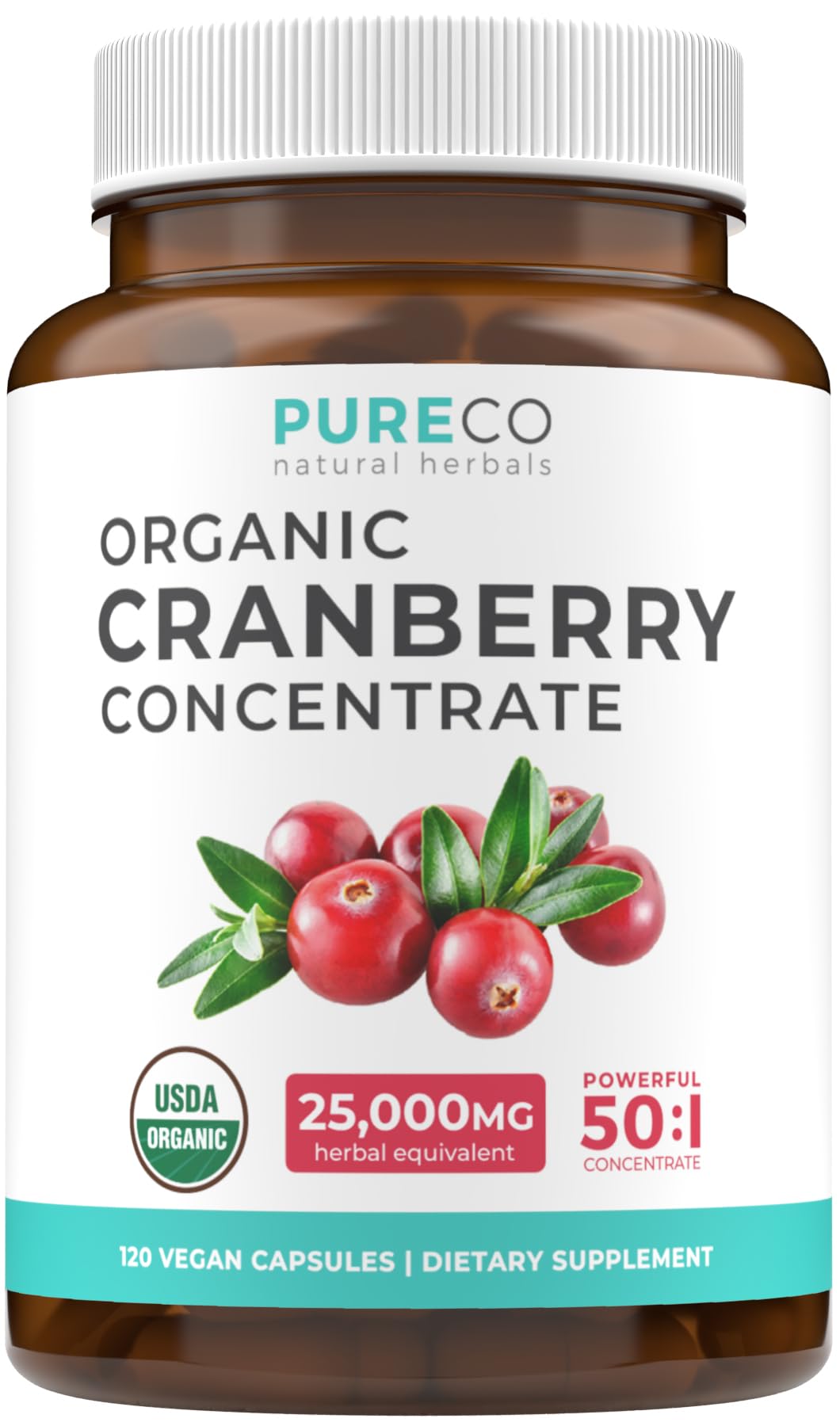 PURE CO frasco frontal mostrando 120 cápsulas y clara información de producto