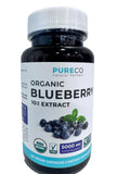 Arándanos secos junto al producto PURE CO indicando origen y concentración