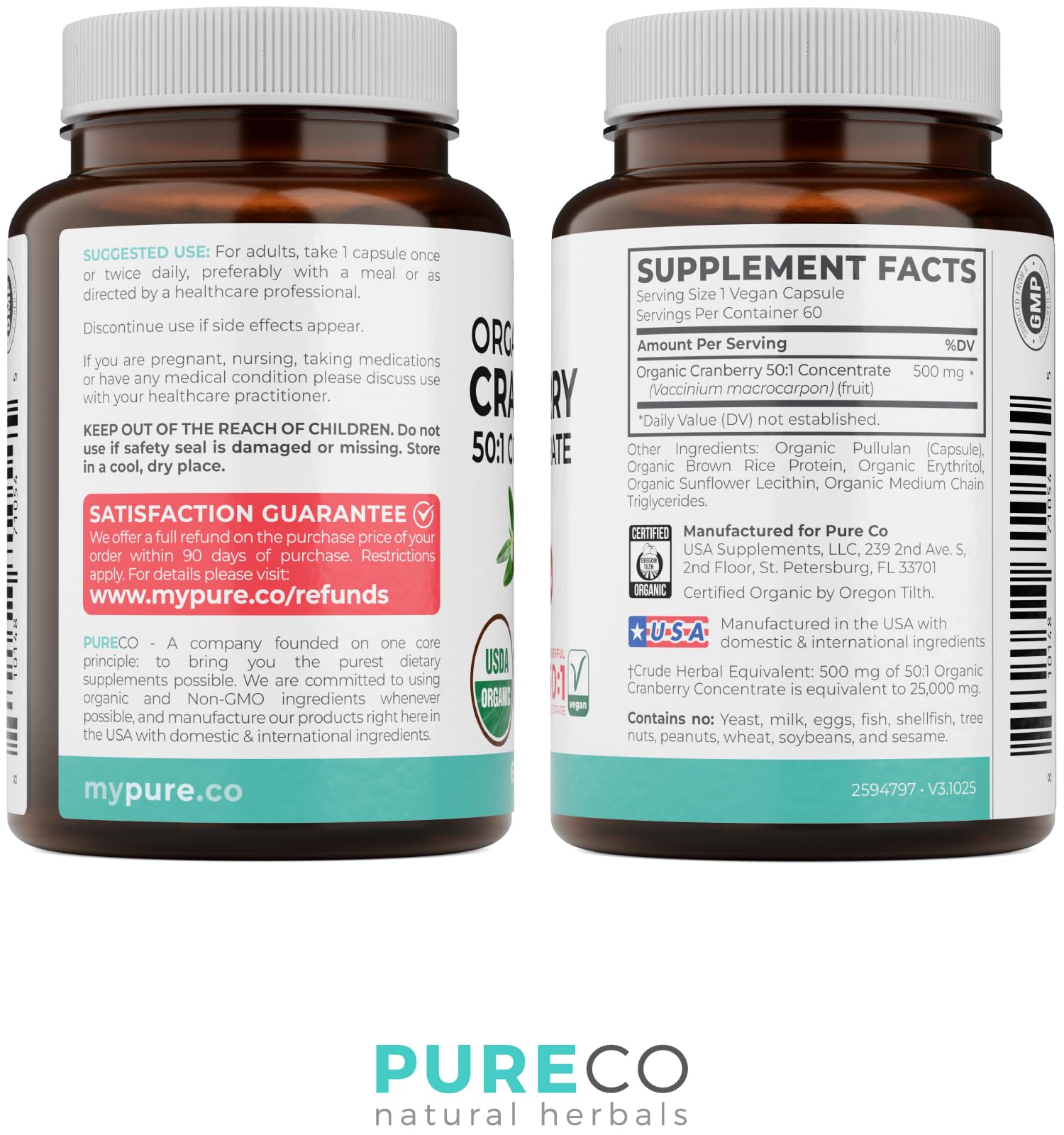 PURE CO composición de arándanos orgánicos demostrando ingredientes naturales