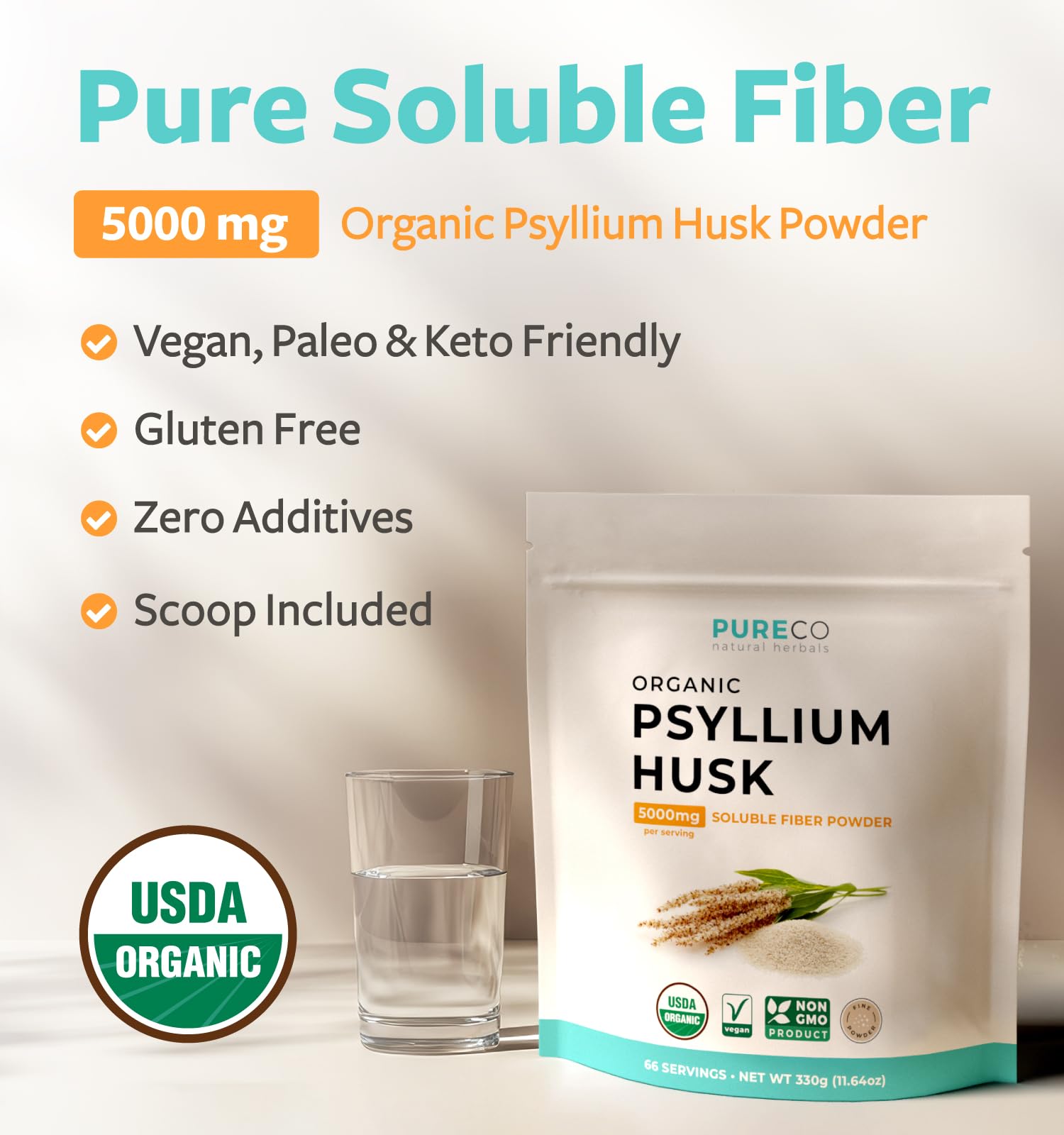 PURE CO textura pulverizada de psyllium muestra mezcla suave y sin grumos