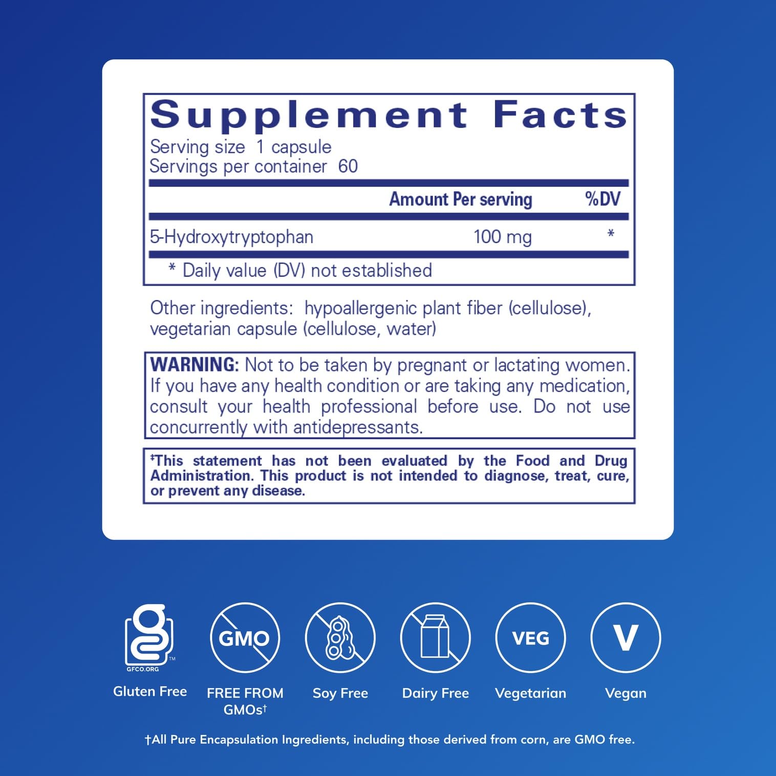 Cápsula de Pure Encapsulations 5‑HTP en primer plano, facilidad de dosificación
