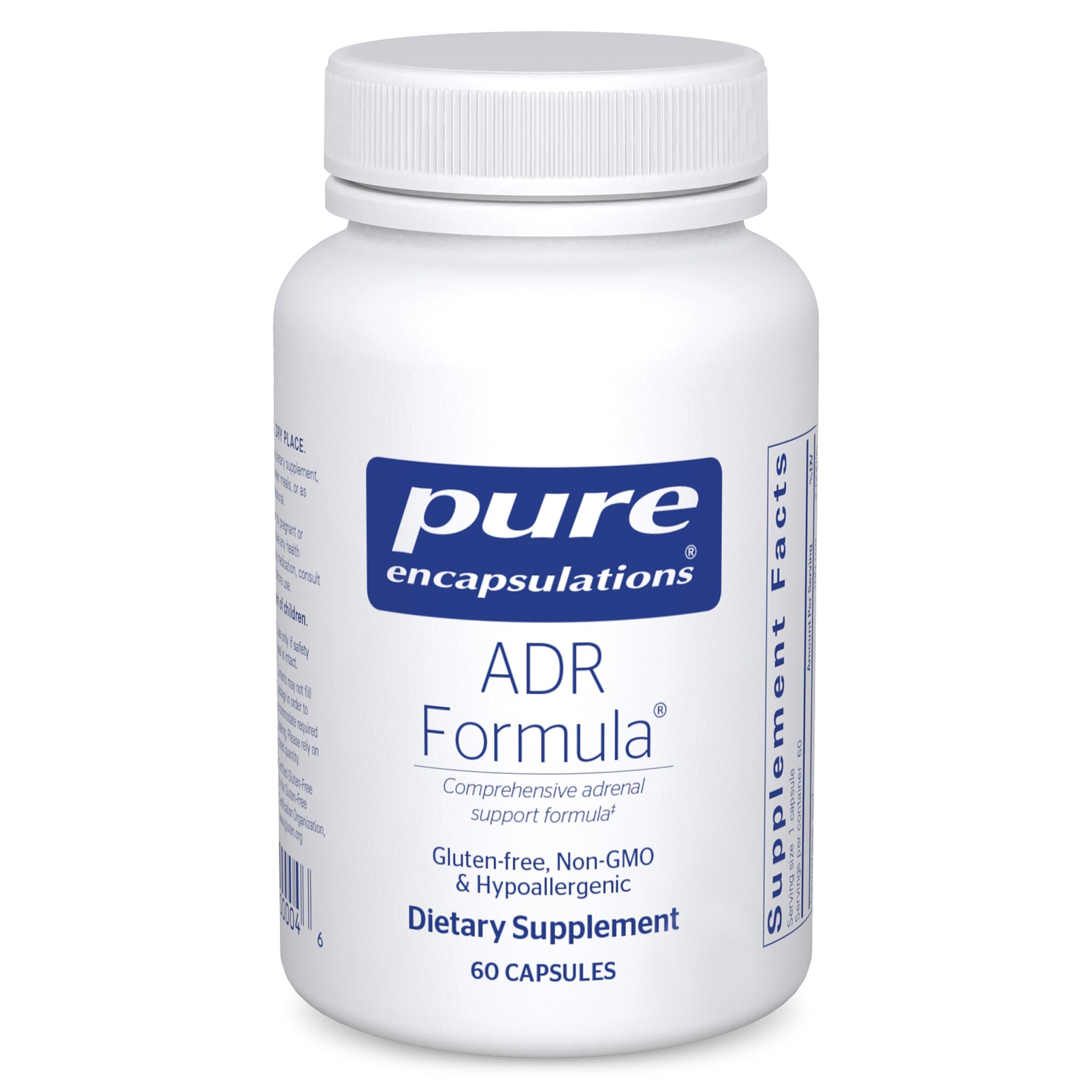 Pure Encapsulations envase frontal mostrando suplemento y sello de pureza