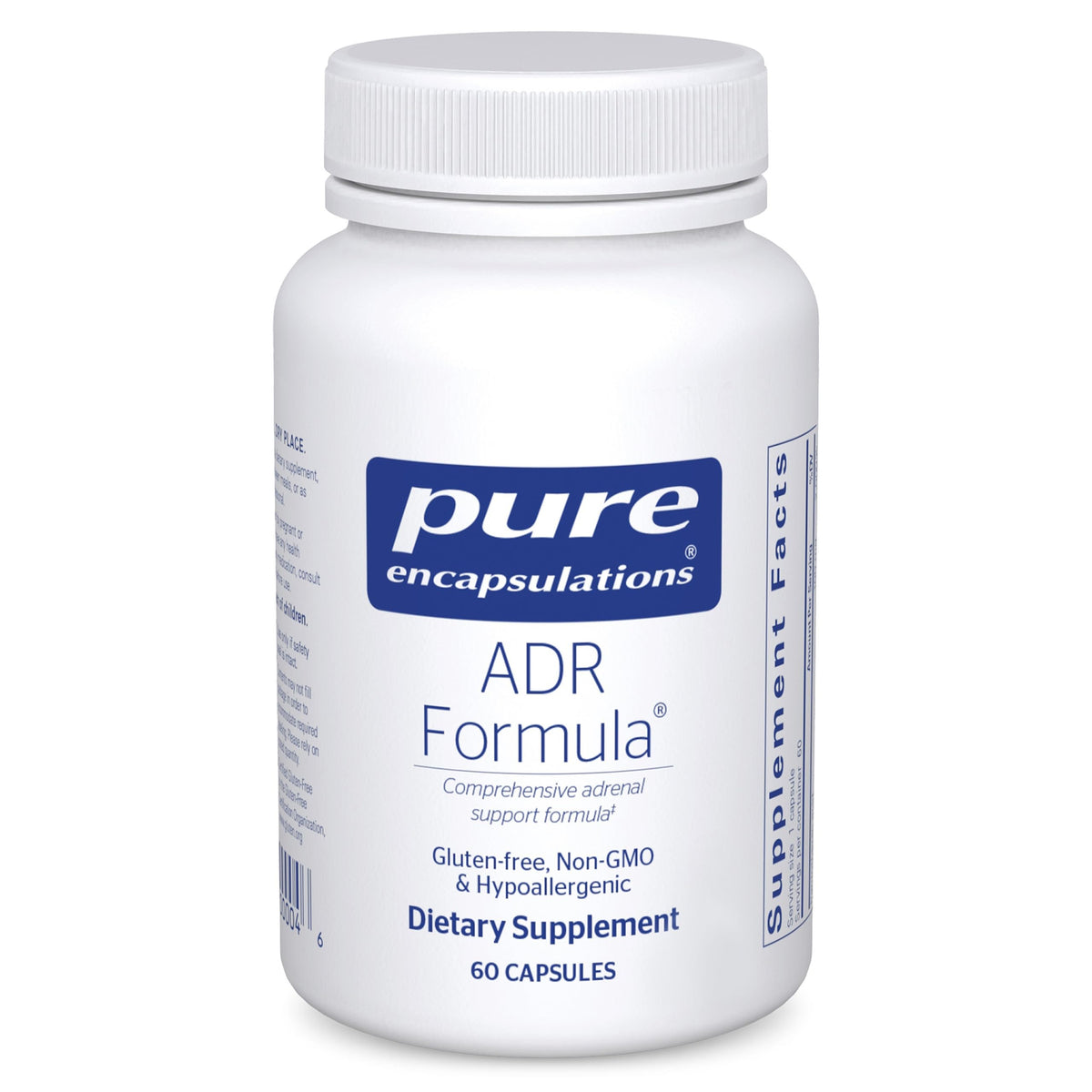 Pure Encapsulations envase frontal mostrando suplemento y sello de pureza