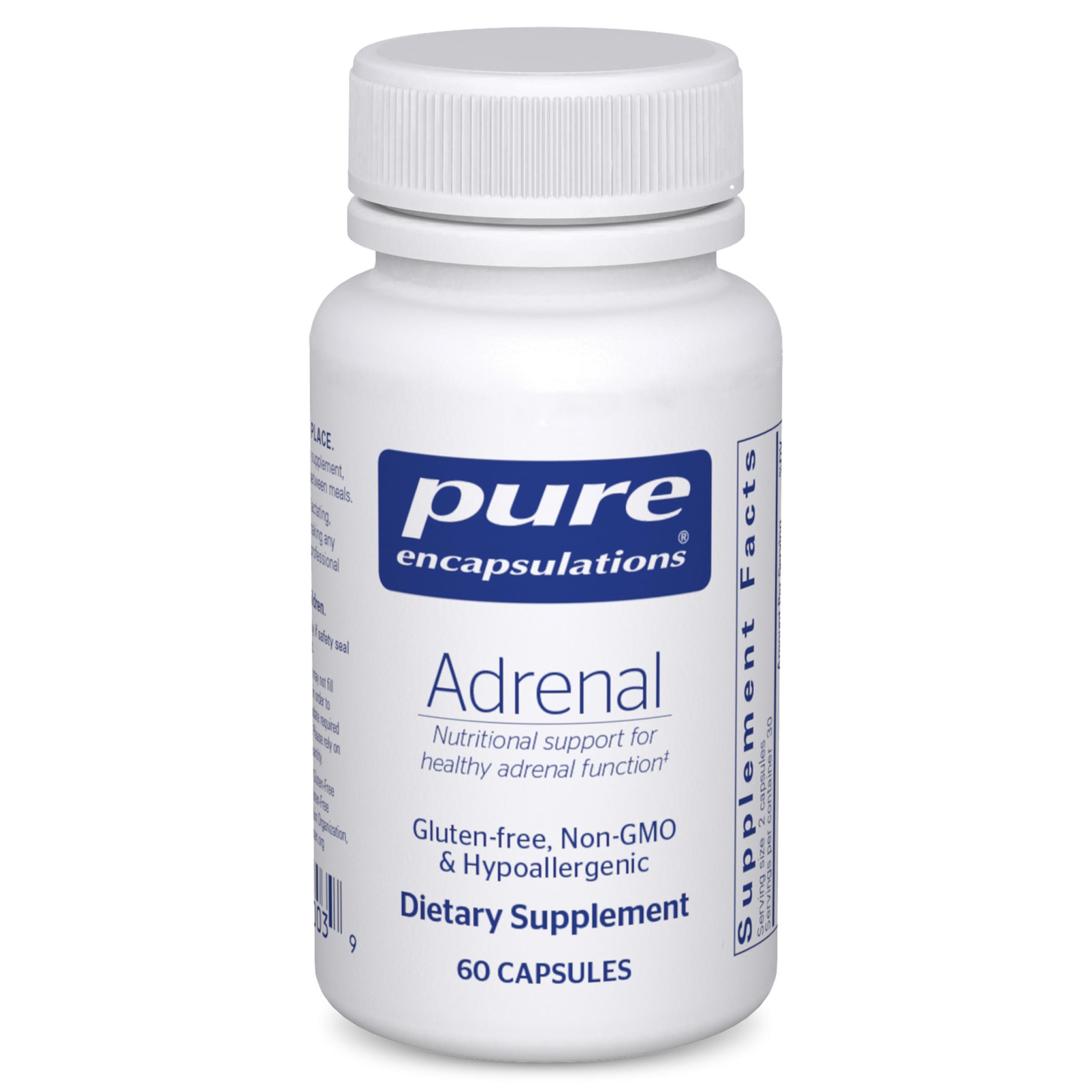 Pure Encapsulations frasco frontal mostrando el producto y soporte suprarrenal