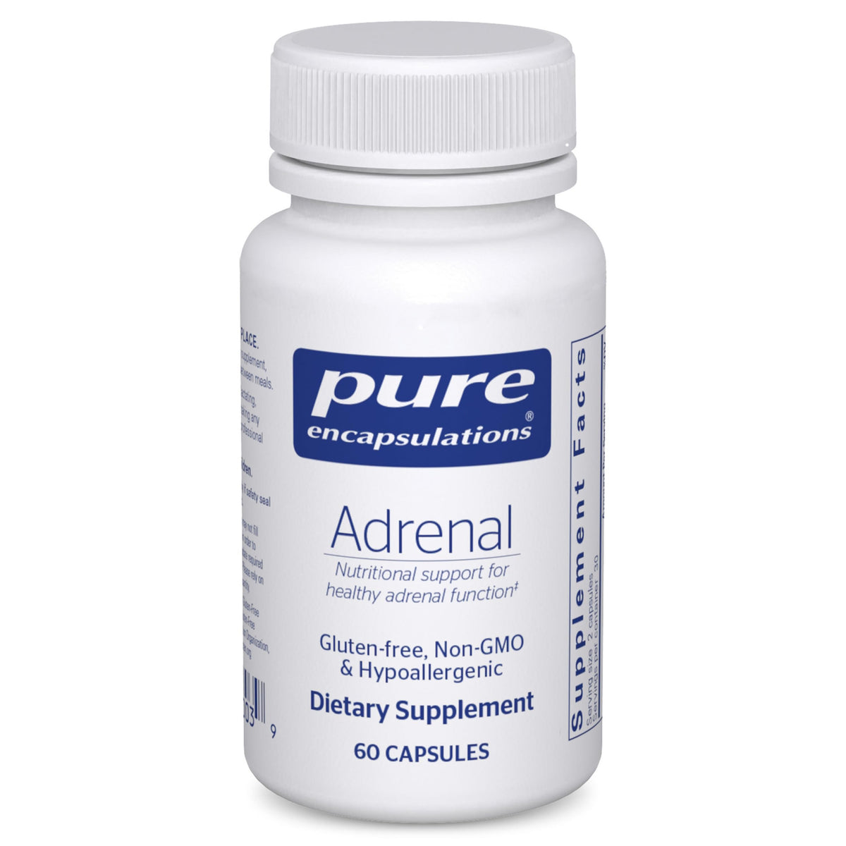 Pure Encapsulations frasco frontal mostrando el producto y soporte suprarrenal