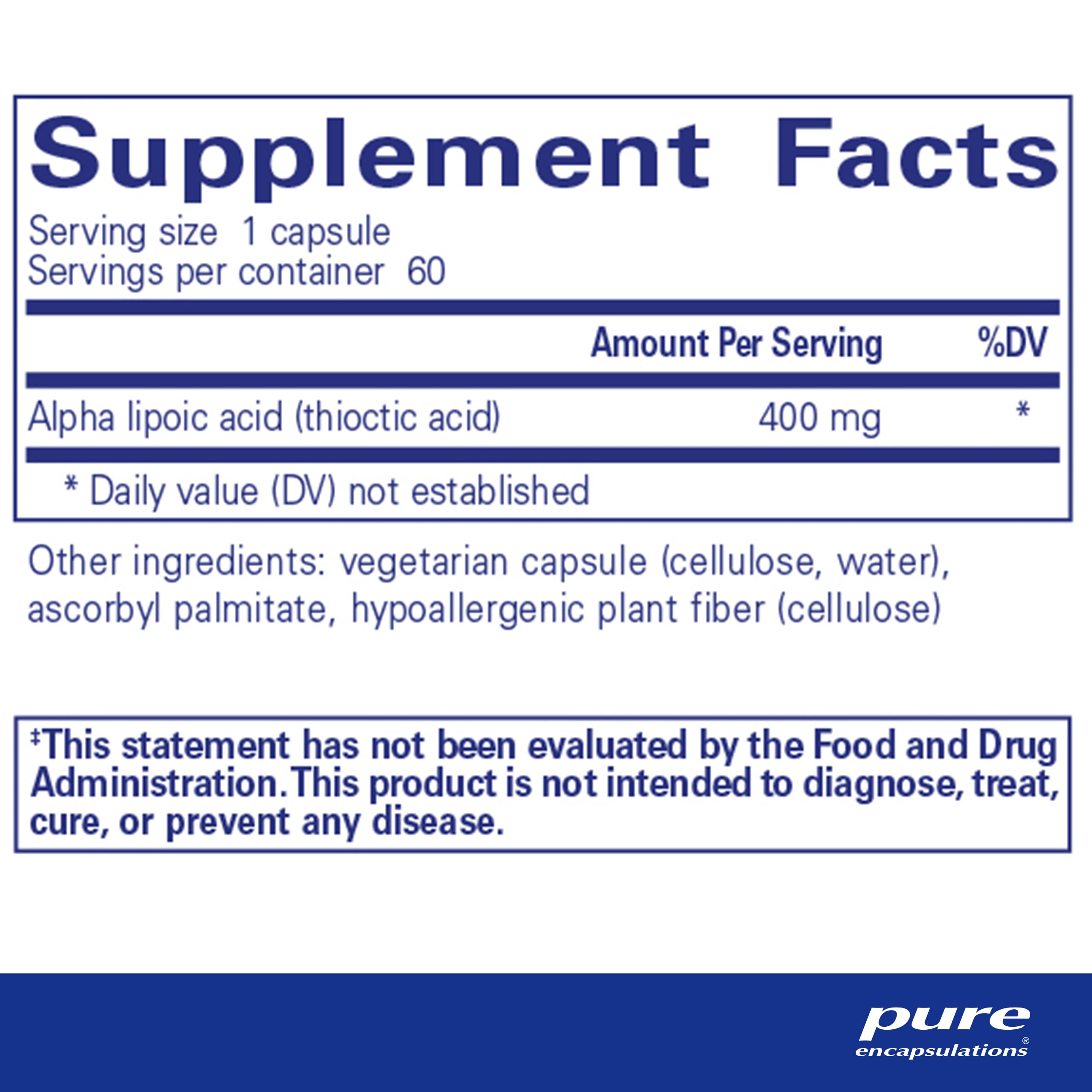 Pure Encapsulations cápsulas dispuestas que ilustran dosis de 400 mg y facilidad de consumo