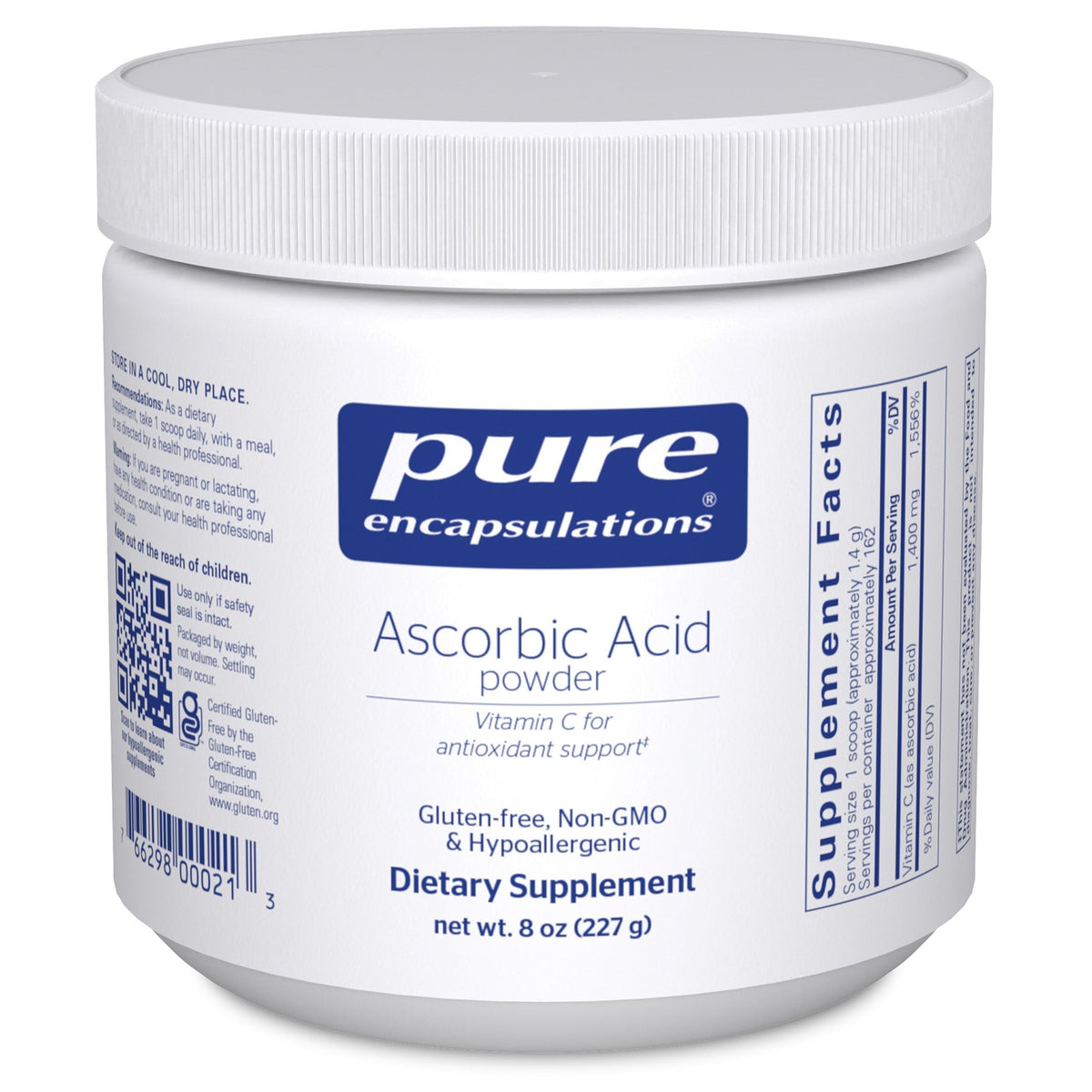 Pure Encapsulations frasco frontal del polvo de vitamina C mostrando presentación limpia y profesional