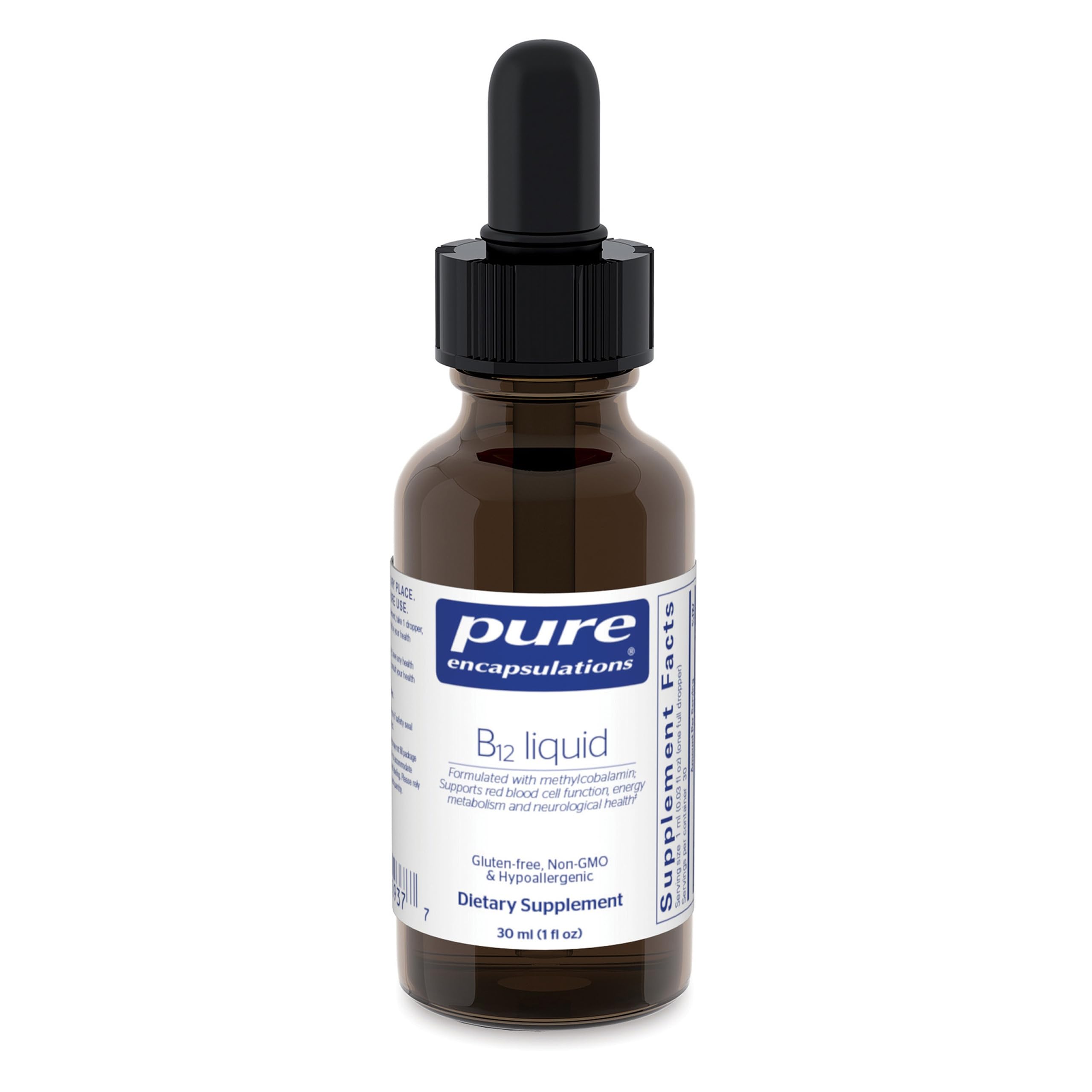 Pure Encapsulations frasco frontal B12 muestra clara y beneficio pureza