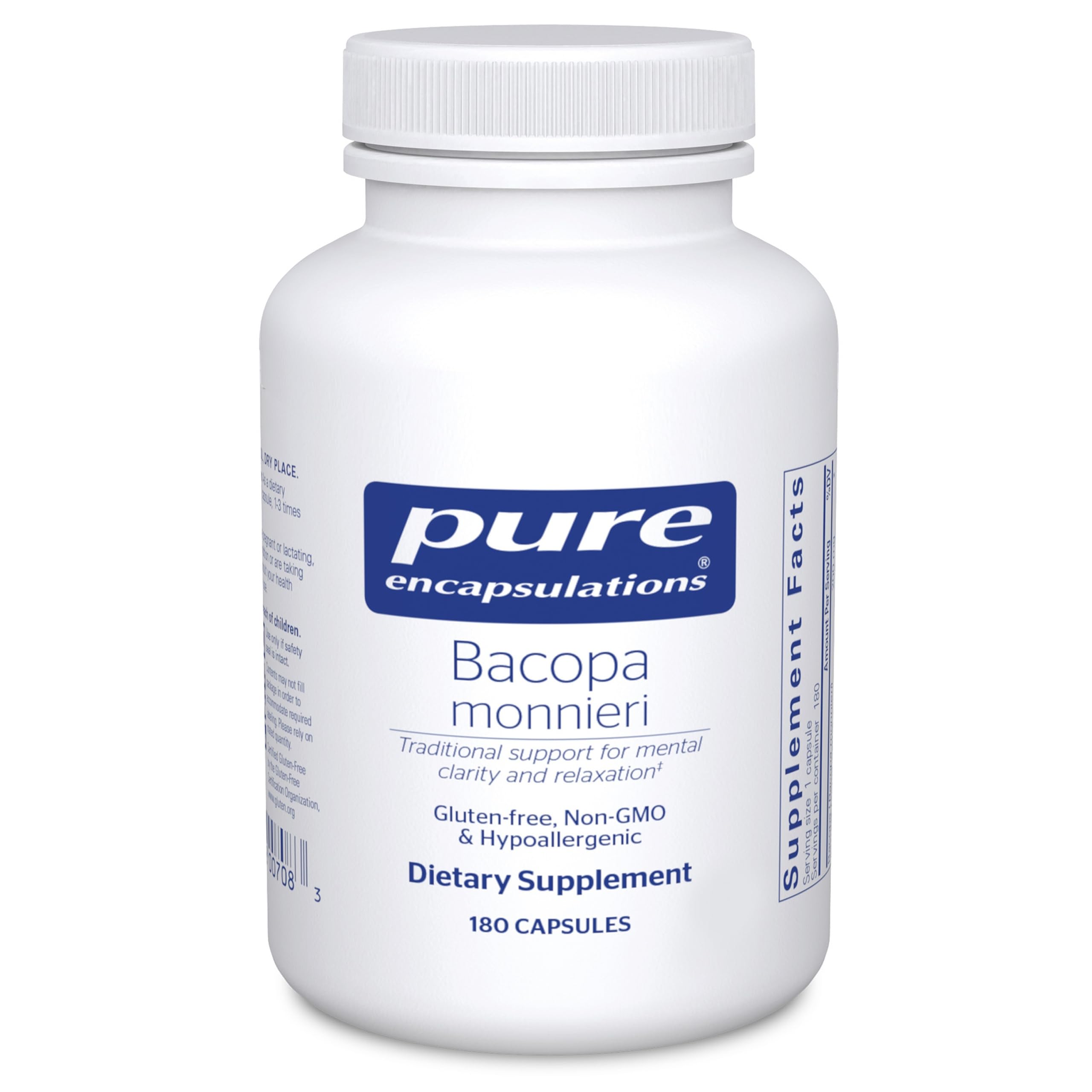 Pure Encapsulations envase frontal mostrando 180 cápsulas y beneficio de soporte cognitivo