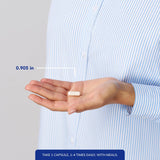 Pure Encapsulations botella junto a regla para mostrar tamaño y cantidad