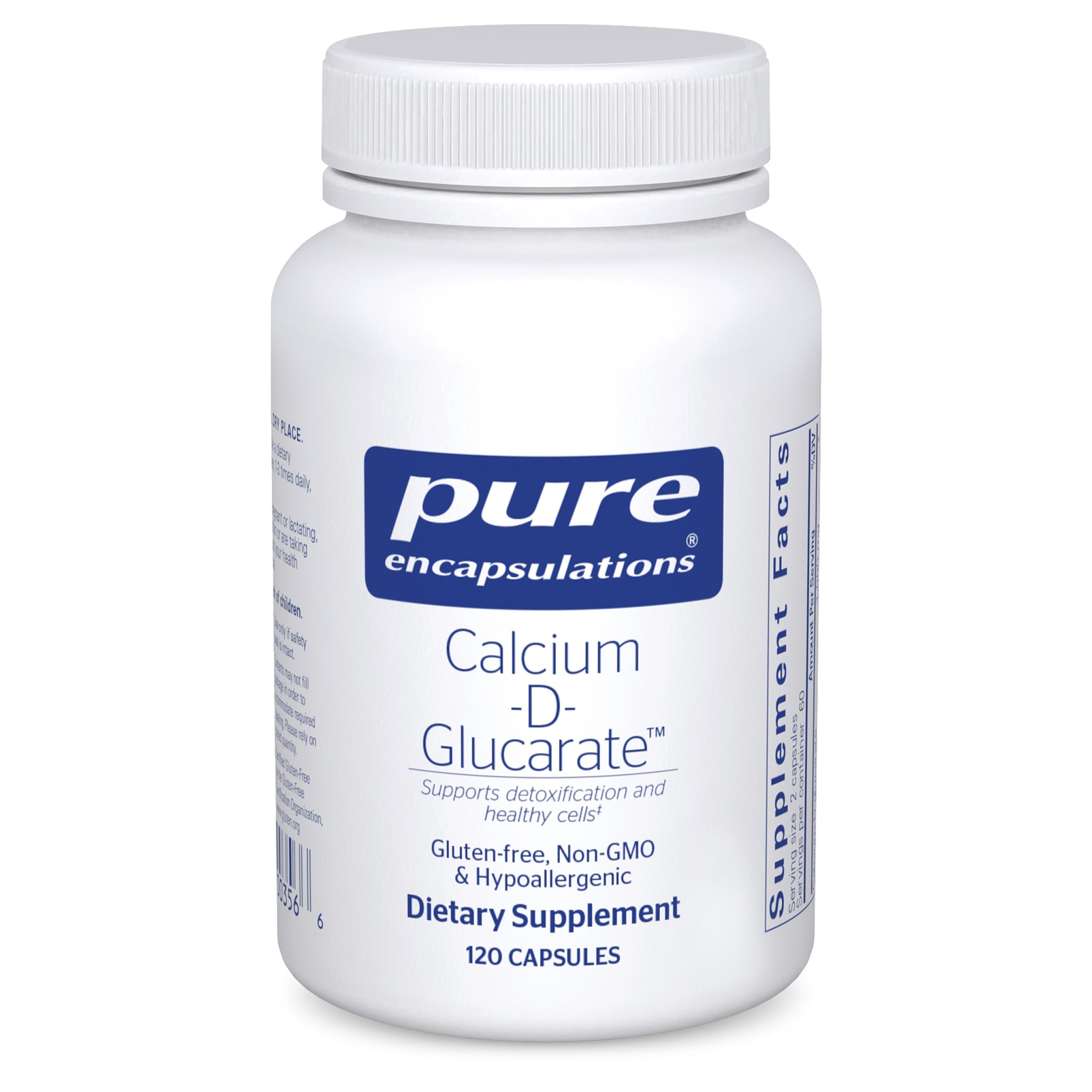 Pure Encapsulations frasco frontal del Calcium-D-Glucarate mostrando diseño y cantidad
