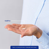 Pure Encapsulations cápsulas sobre plato que muestran tamaño y cantidad diaria