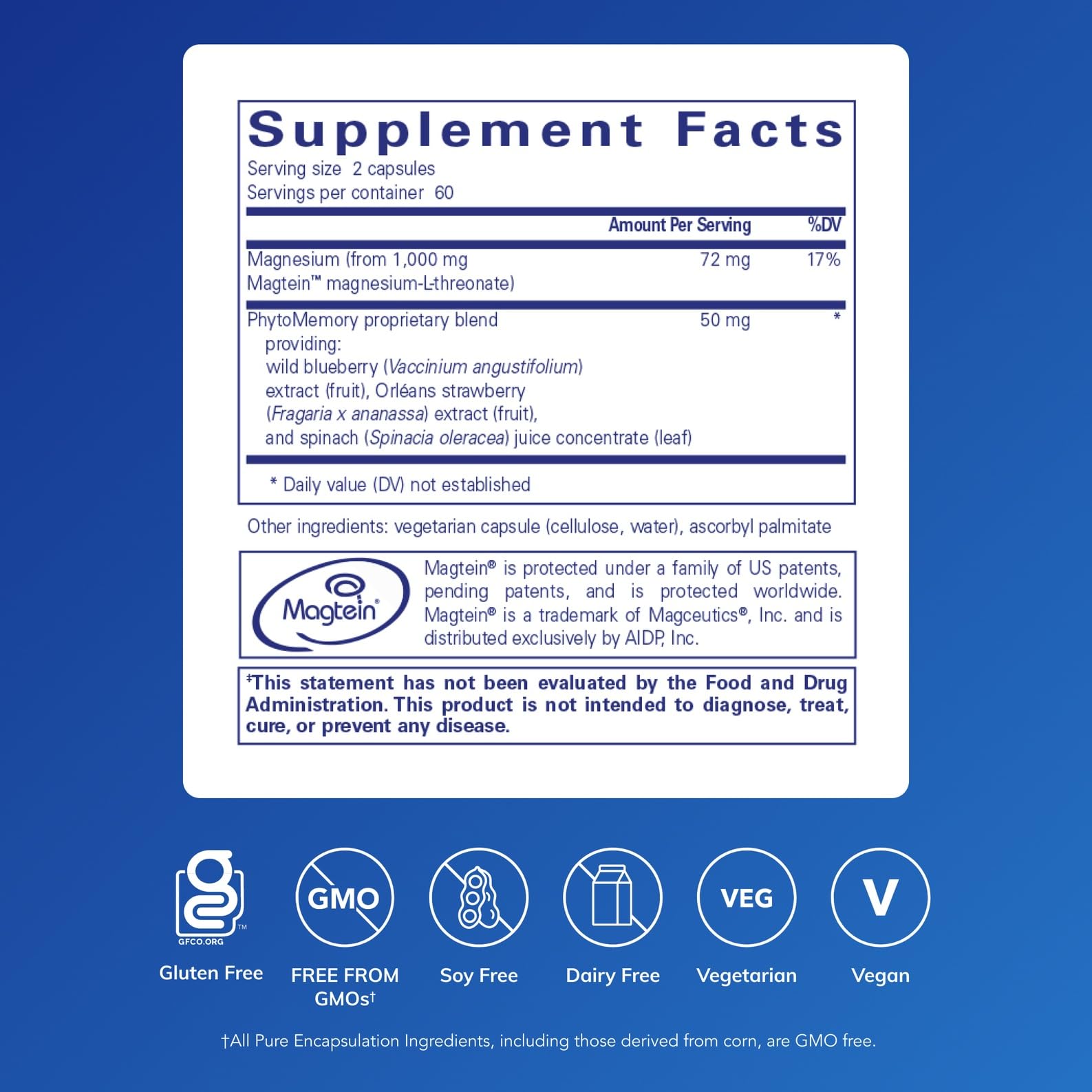 Pure Encapsulations etiqueta lateral con información de Magtein y dosis clara
