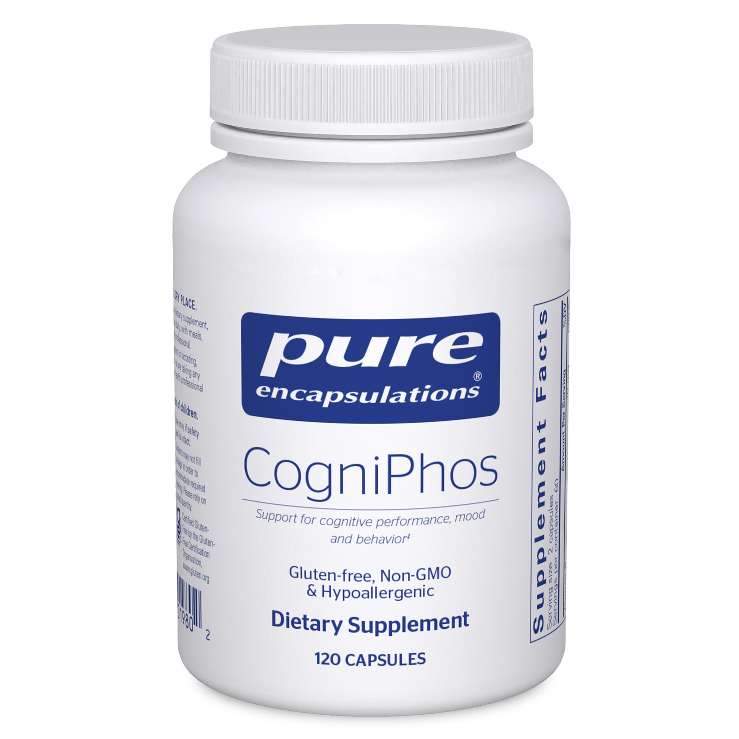 Pure Encapsulations CogniPhos botella frontal mostrando etiqueta clara y beneficios