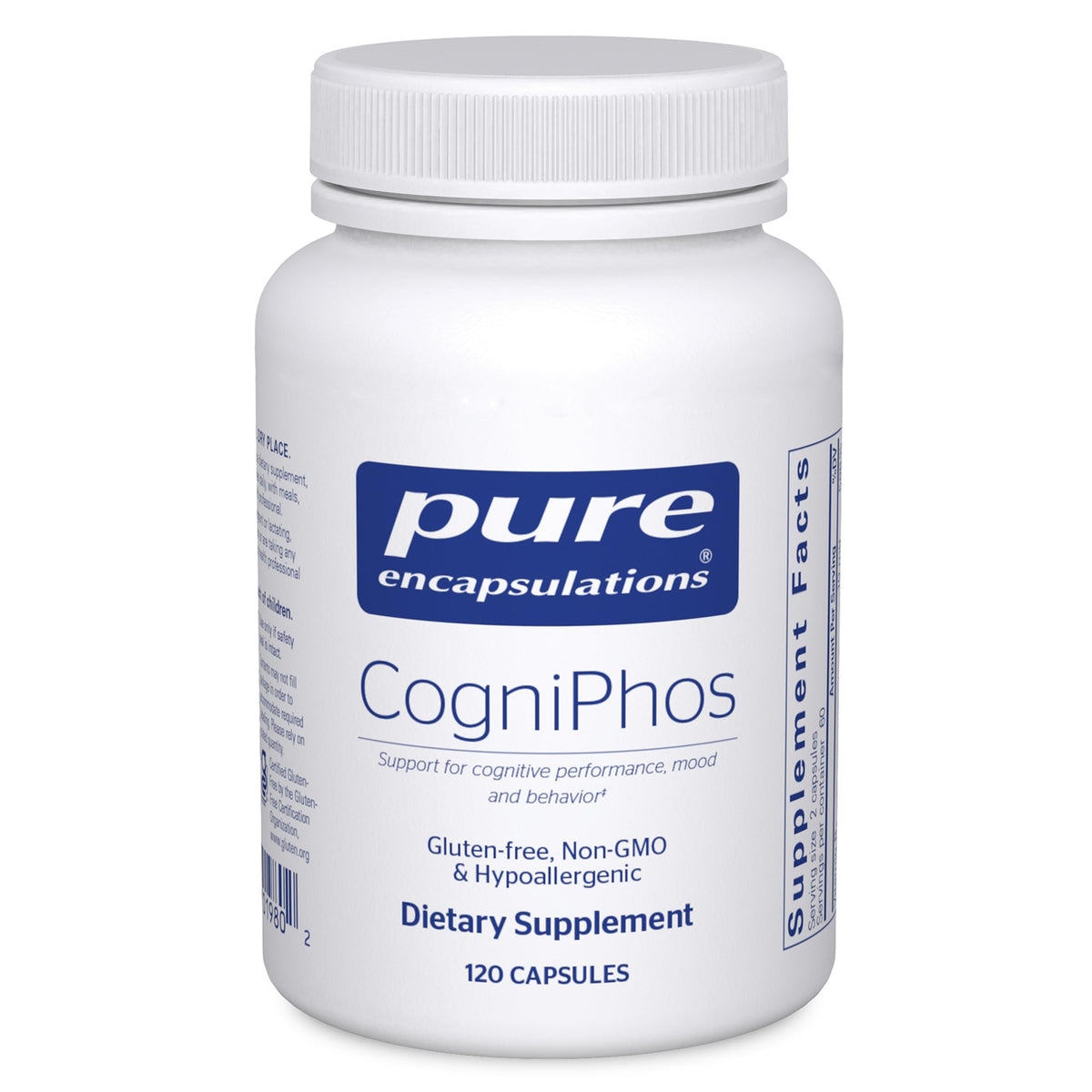Pure Encapsulations CogniPhos botella frontal mostrando etiqueta clara y beneficios