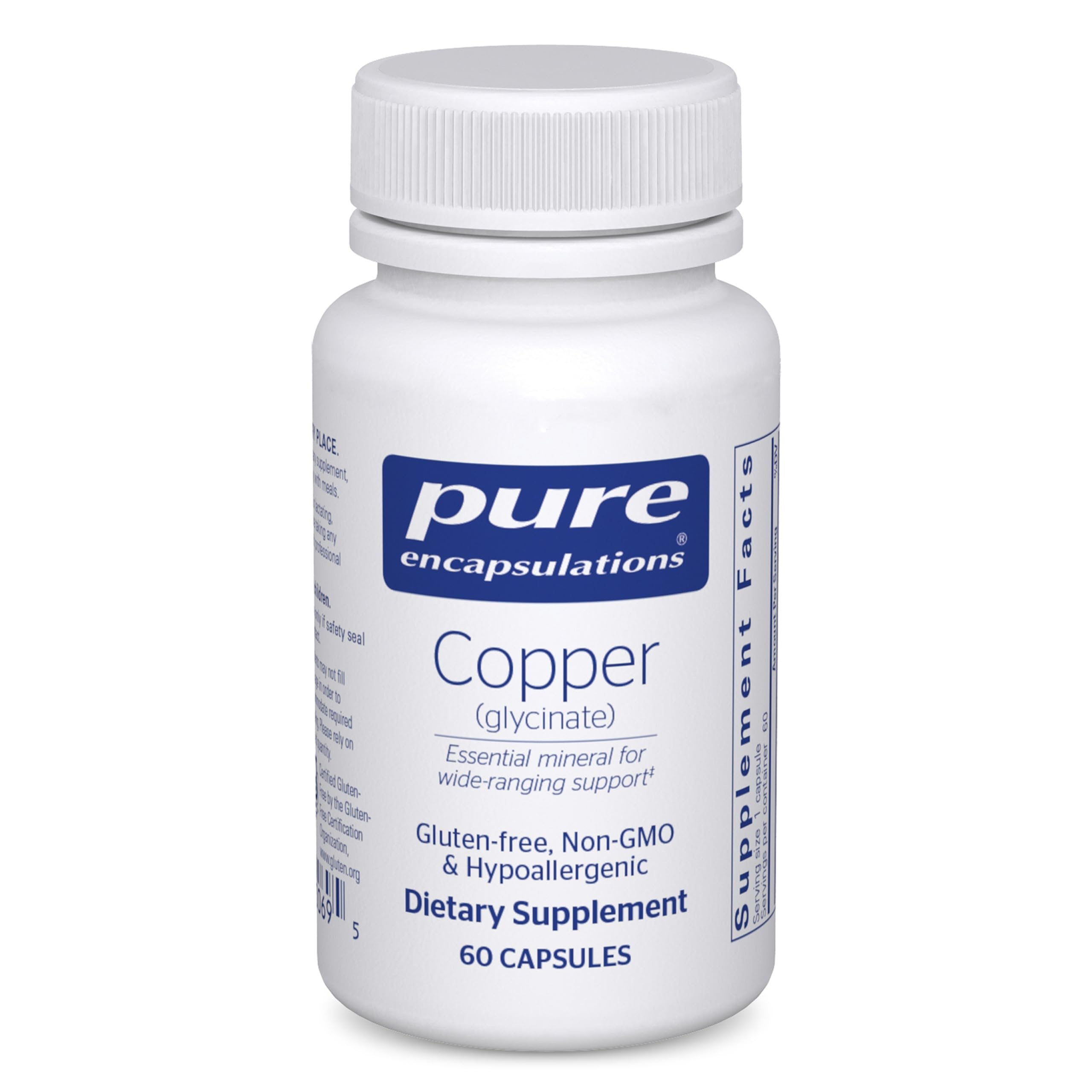 Pure Encapsulations bote frontal mostrando etiqueta clara y beneficio de cobre