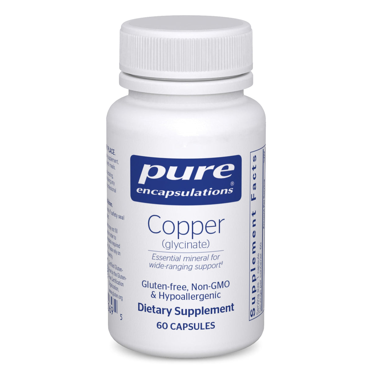 Pure Encapsulations bote frontal mostrando etiqueta clara y beneficio de cobre