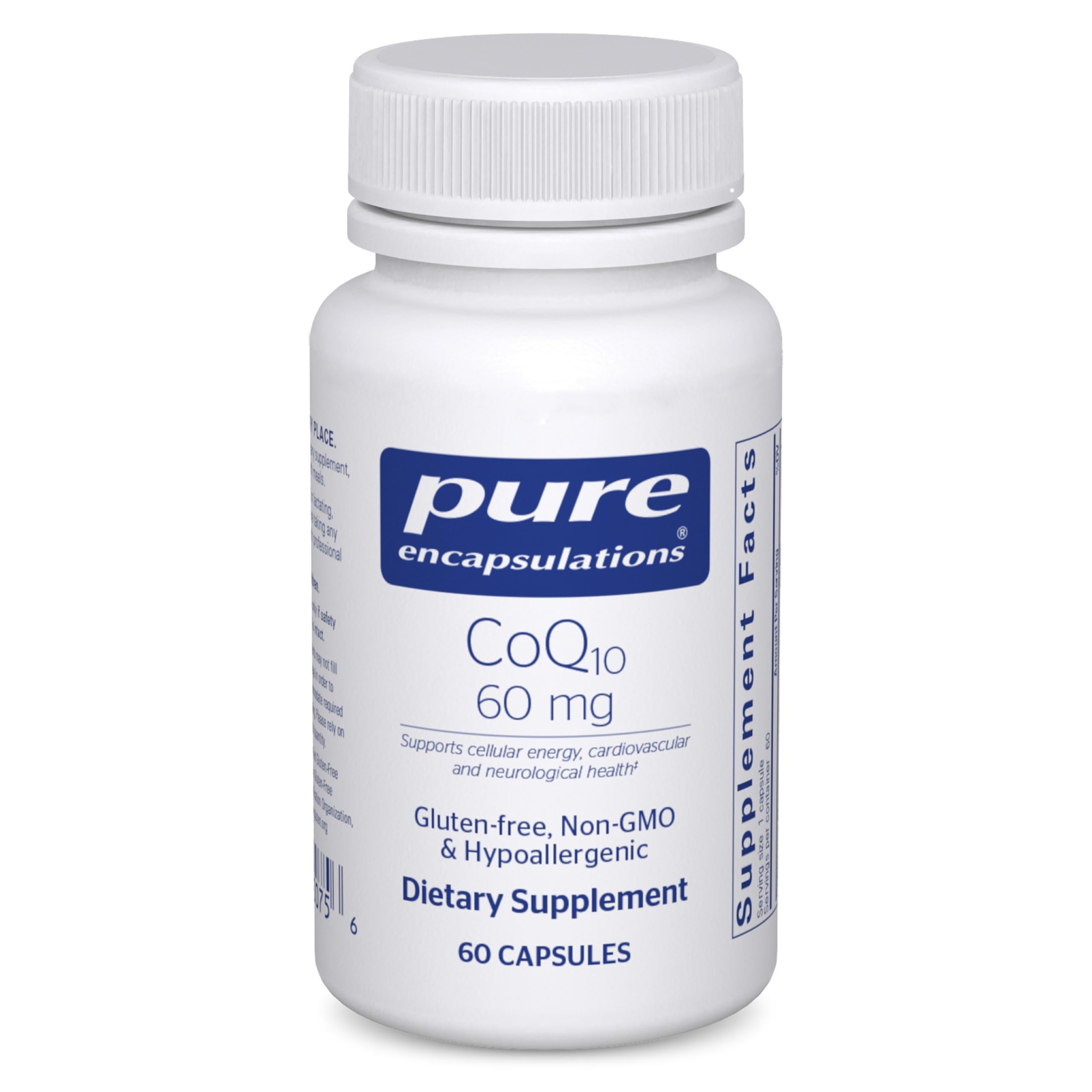 Pure Encapsulations envase frontal del CoQ10 60 mg, presentación limpia y clara
