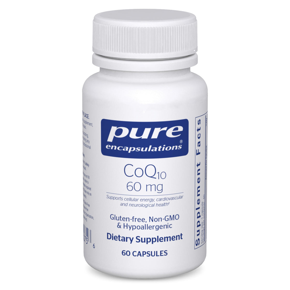 Pure Encapsulations envase frontal del CoQ10 60 mg, presentación limpia y clara