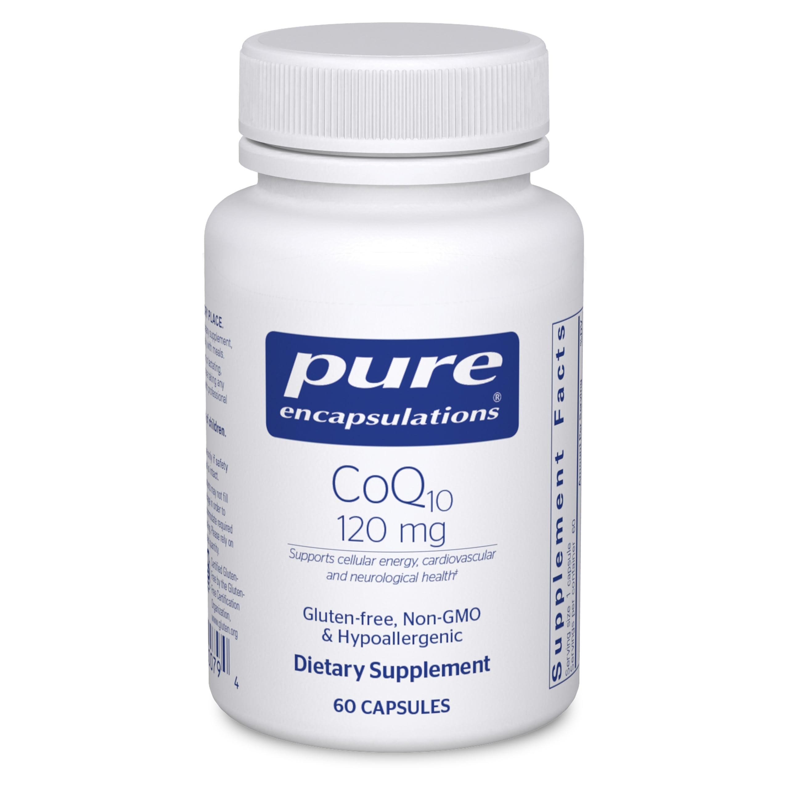 Pure Encapsulations CoQ10 vista frontal del envase mostrando presentación y beneficio energético