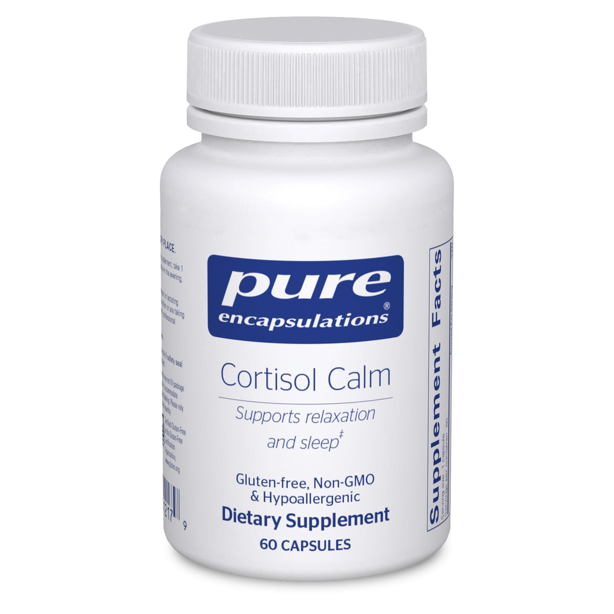 Pure Encapsulations frasco frontal mostrando etiqueta y beneficio de calma