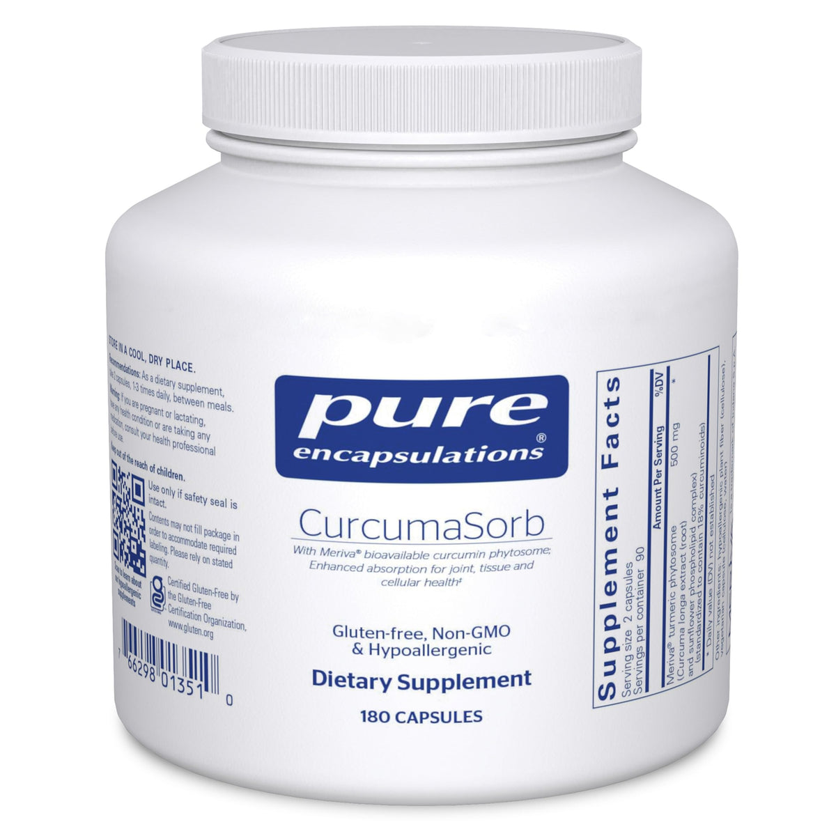 Pure Encapsulations CurcumaSorb frasco frontal mostrando la etiqueta y beneficio articular