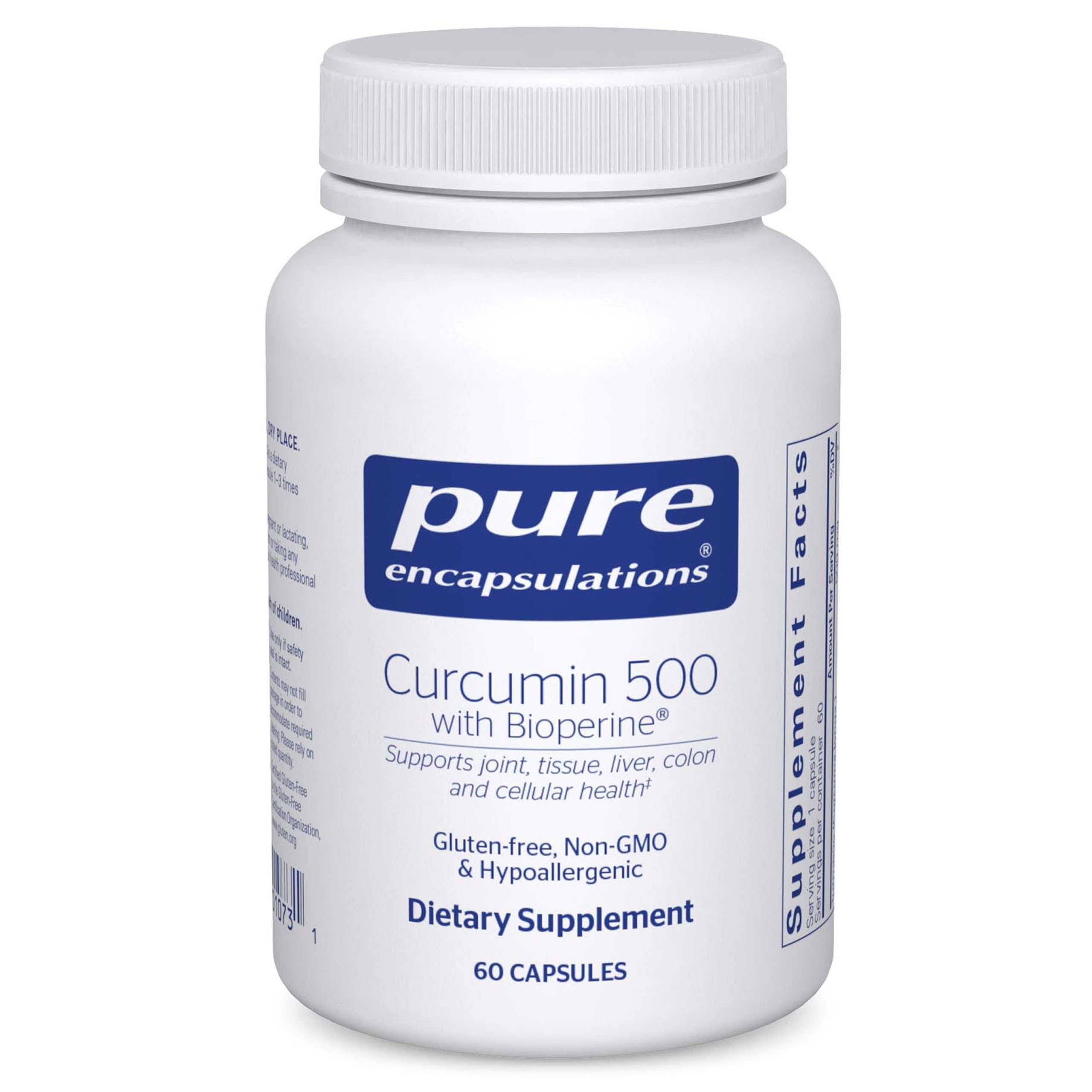 Pure Encapsulations frasco frente mostrando Curcumin 500, beneficio pureza