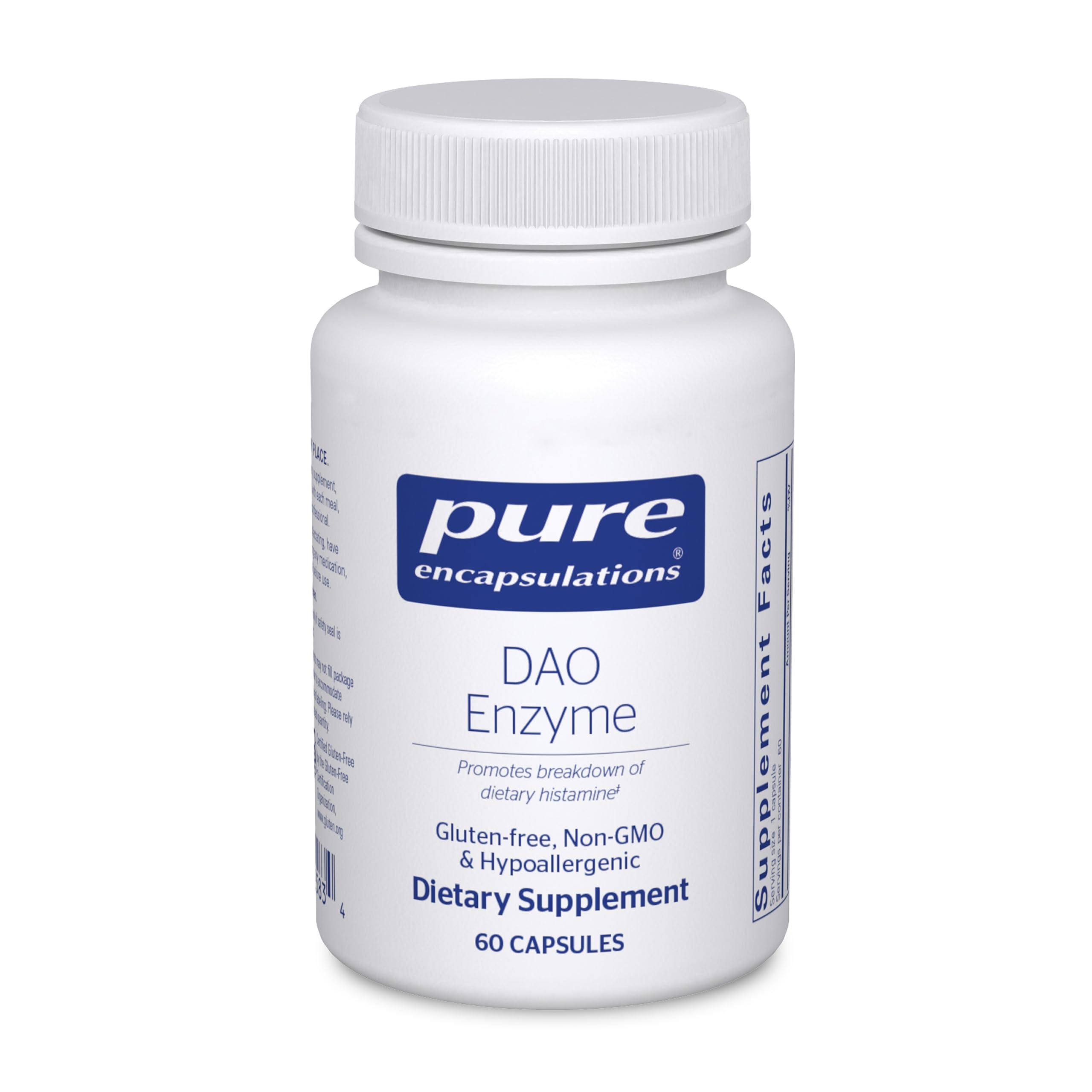 Pure Encapsulations DAO Enzyme vista frontal del envase con beneficios claros