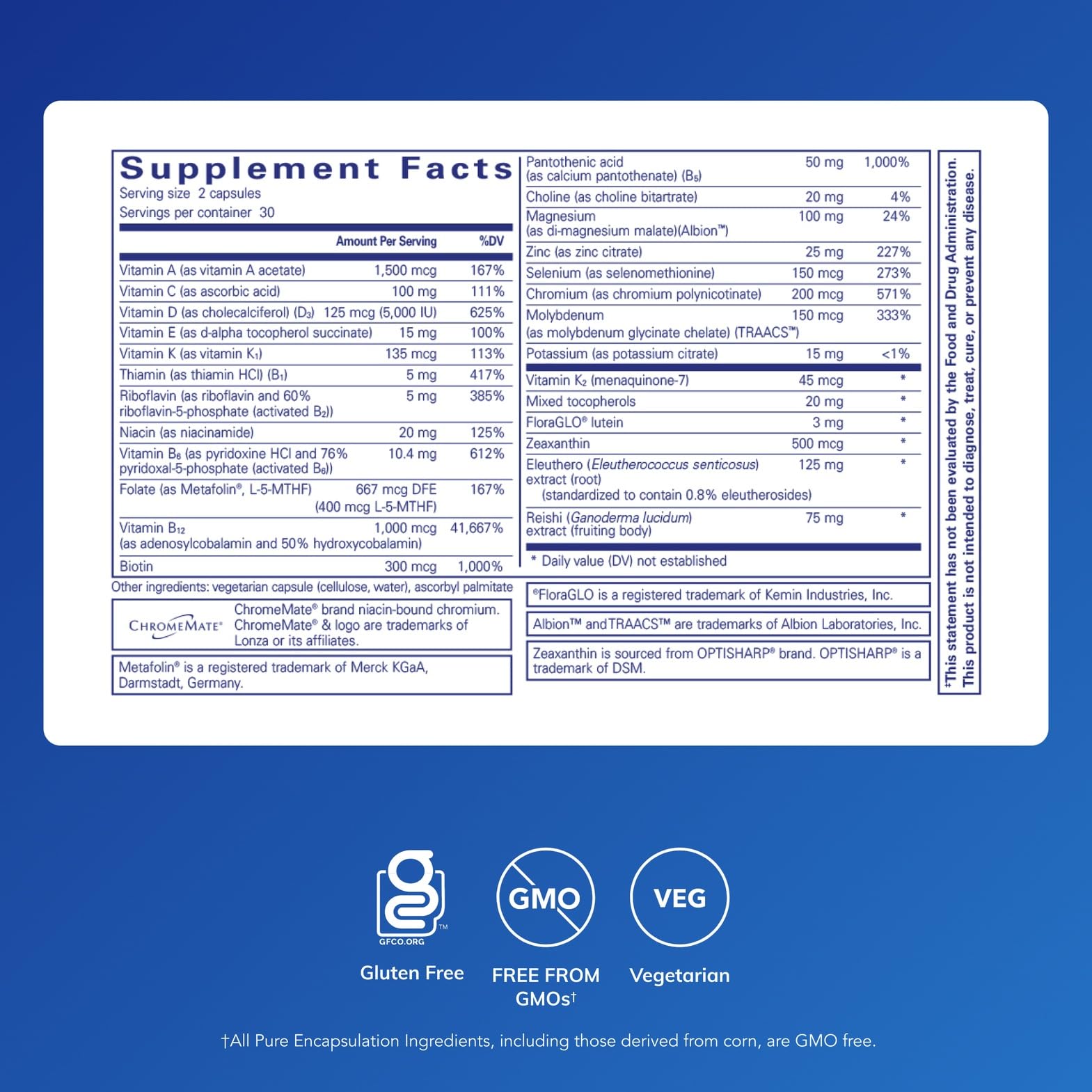 Pure Encapsulations detalle de la etiqueta legible con ingredientes y pureza