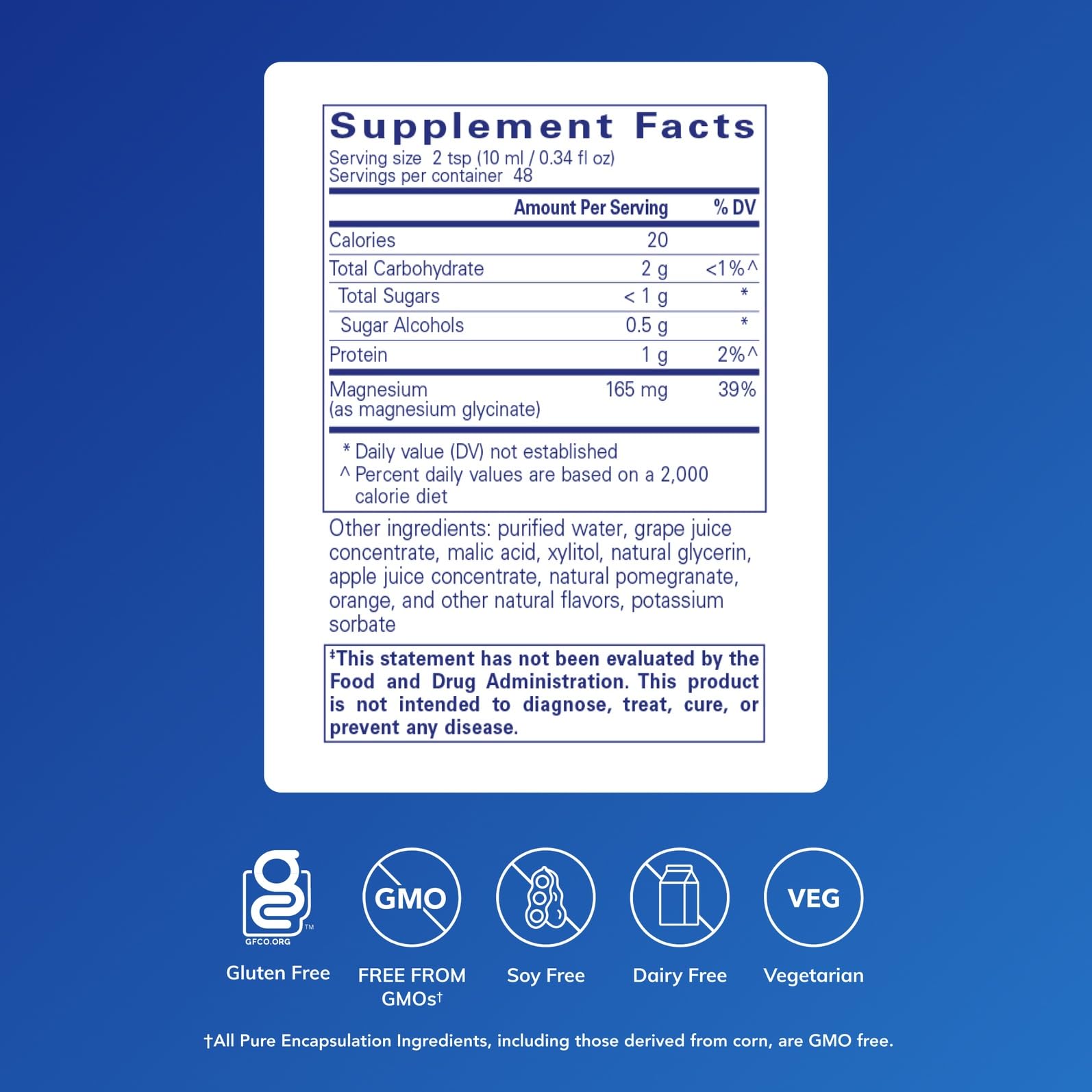 Pure Encapsulations etiqueta en primer plano con información de pureza