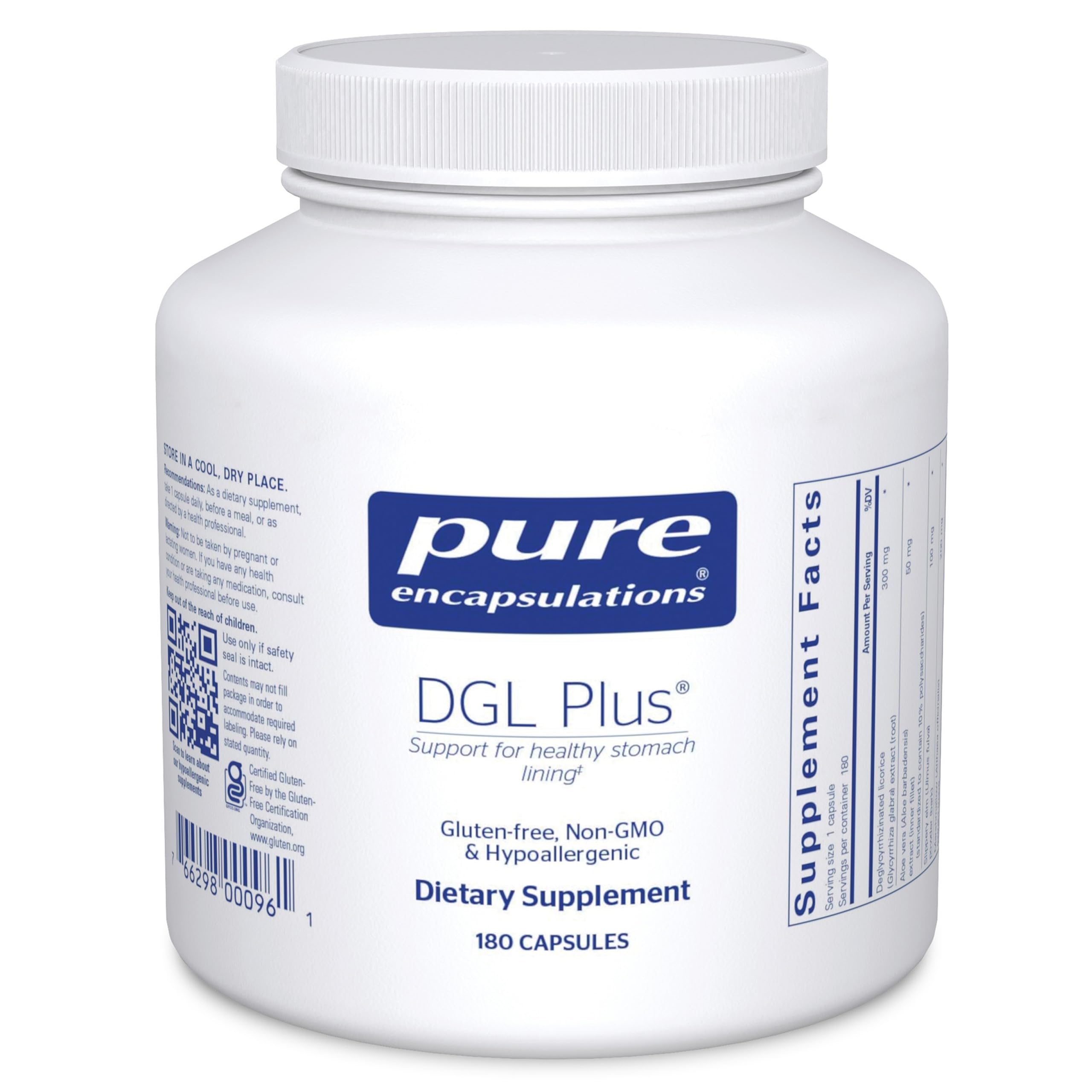 Pure Encapsulations frasco DGL Plus visto de frente, transmite confianza