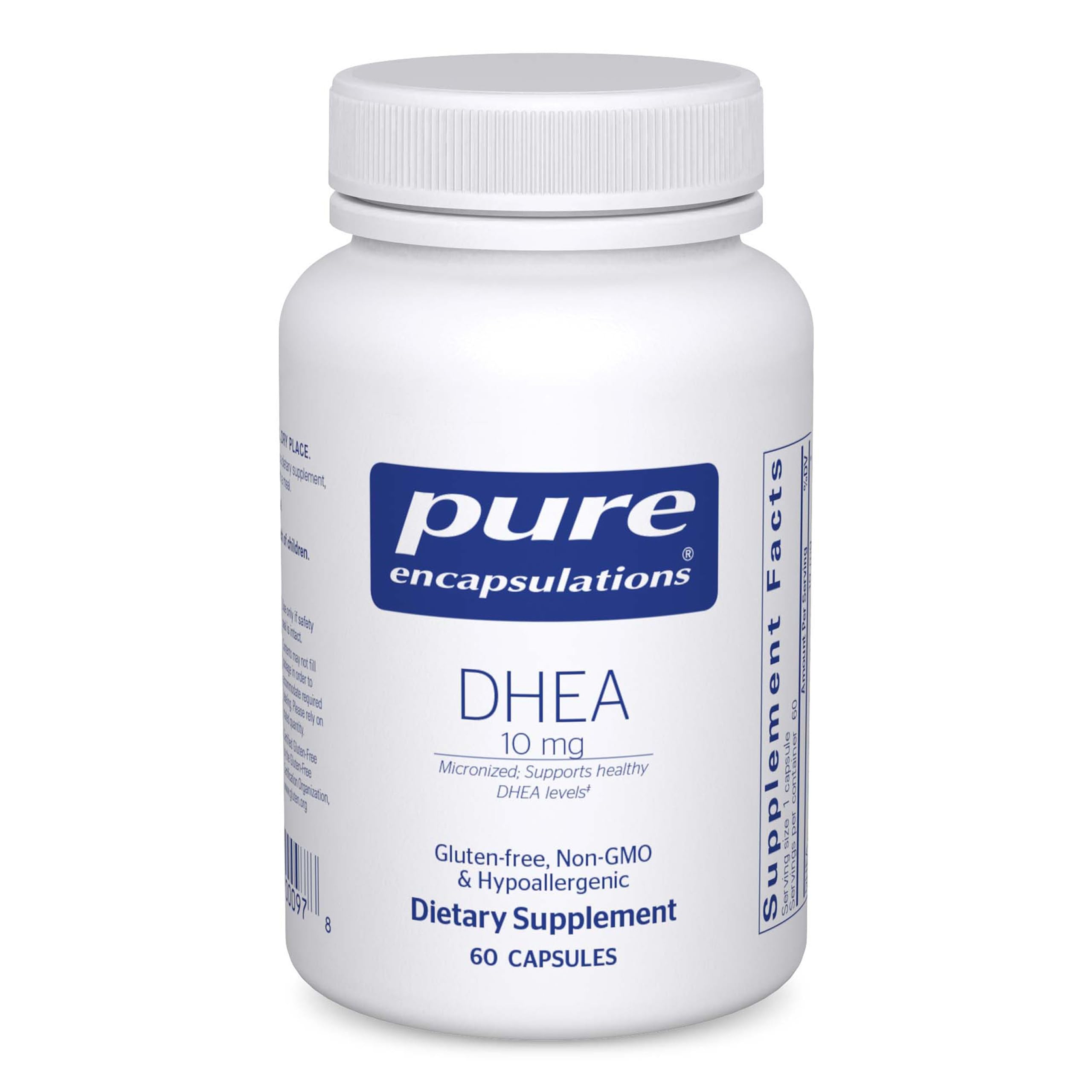 Pure Encapsulations envase frontal mostrando DHEA 10 mg y 60 cápsulas, claridad de producto