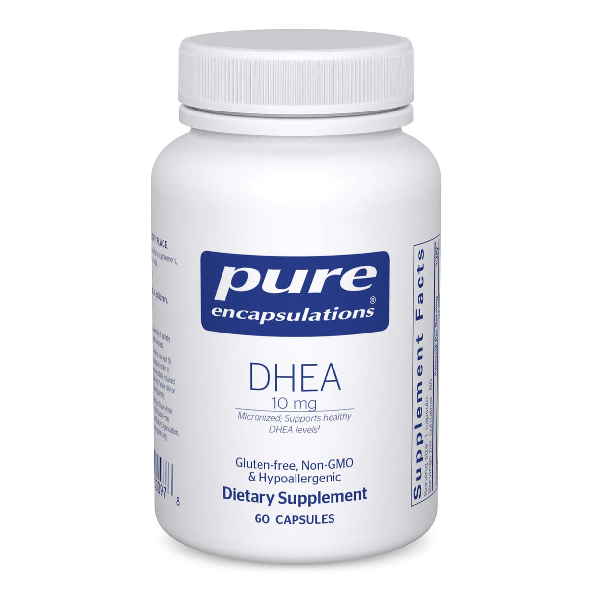 Pure Encapsulations envase frontal mostrando DHEA 10 mg y 60 cápsulas, claridad de producto